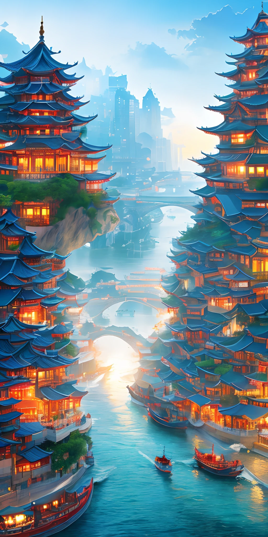 清明上河图，horizontal layout, high resolution, best quality, ultra-detailed, dynamic angle, floating, bustling cityscape, intricate details, historical architecture, flowing river, vivid colors, volumetric lighting, crowded boats and bridges, rich cultural background.