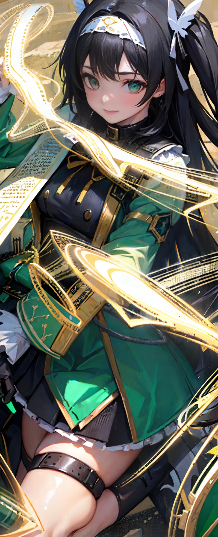 (Best Quality, Masterpiece:1.4), (Realism:1.2), (Realisitc),Detailed, Ultra-Detailed, Digital Art, Detailed Face, (Hyper-Detailed Eyes:1.2),very long twin ponytails,black hair,green butterfly bow headband/hair accessory,green clothes,black stockings,smile,Green eyes,(Lady Sun),wearing Short skirt,empowered,beautiful,detailed,wide shot,looking at viewer,((face in the center of the frame)),dynamic angle,on the battlefield