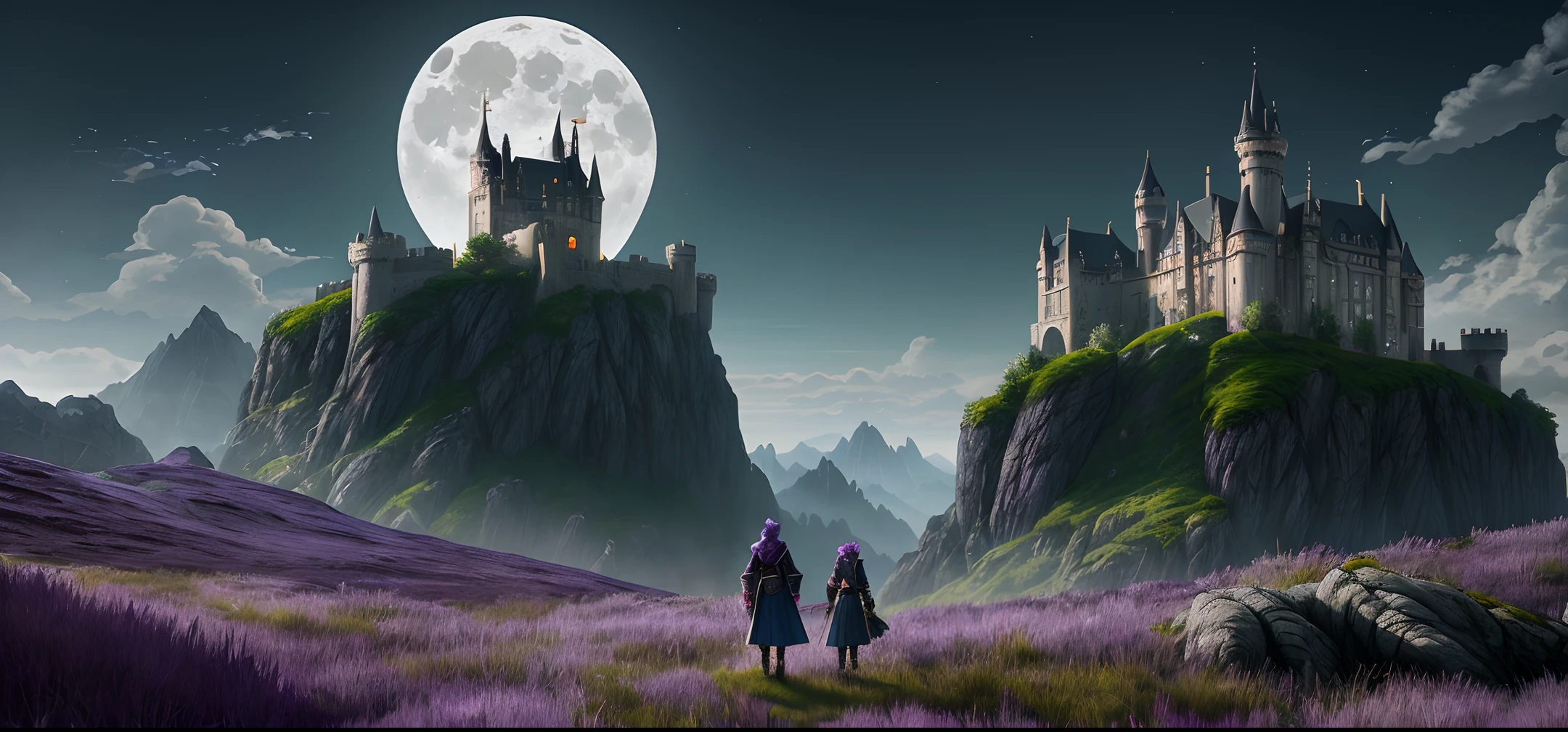 castle，moon，Mountain，plain grass，amethyst，vampire soldier，8k uhd, perfect composition, beautiful detailed, intricate, octane render, trending on artstation, artistic, photorealistic, concept art, greg rutkowski, cinematic lighting, Hyperrealism, 8k uhd, depth of field, photography， beautiful, establishing shot, hyperrealistic, unreal engine 5
