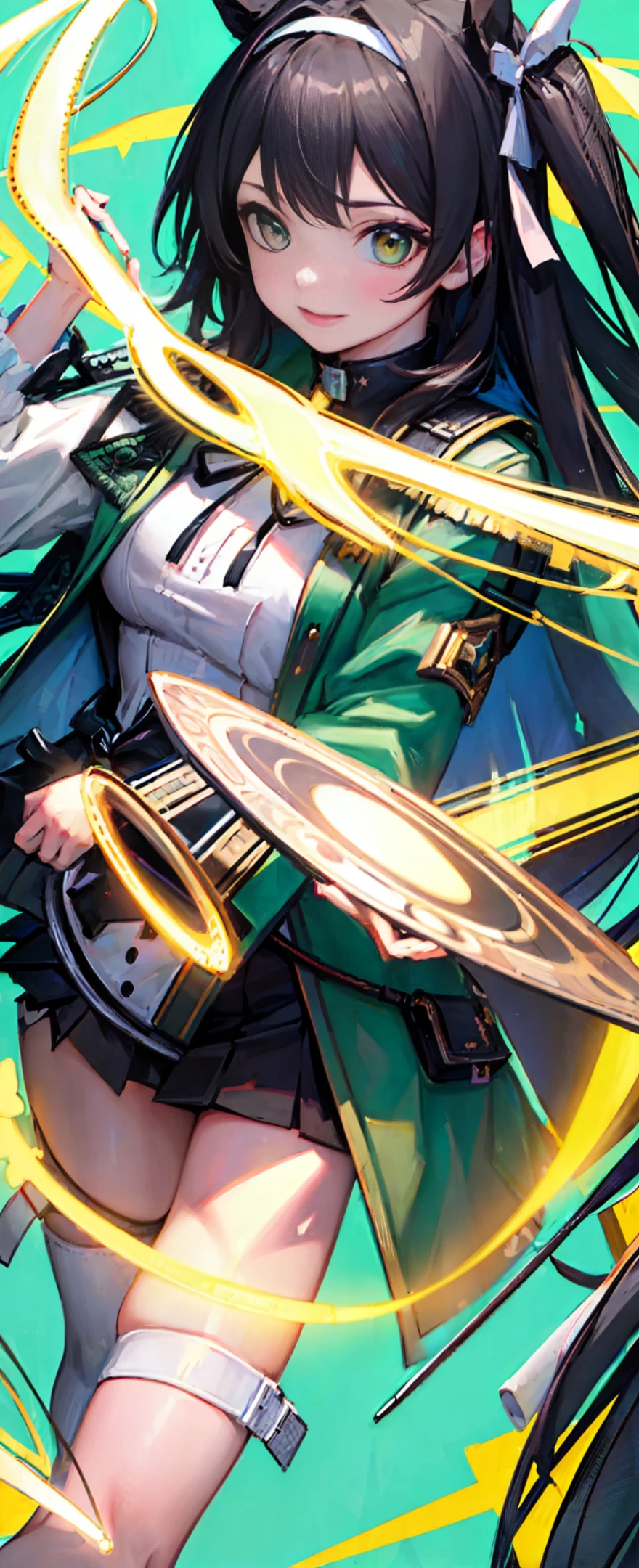 (Best Quality, Masterpiece:1.4), (Realism:1.2), (Realisitc),Detailed, Ultra-Detailed, Digital Art, Detailed Face, (Hyper-Detailed Eyes:1.2),very long twin ponytails,black hair,green butterfly bow headband/hair accessory,green clothes,black stockings,smile,Green eyes,(Lady Sun),wearing Short skirt,empowered,beautiful,detailed,wide shot,looking at viewer,((face in the center of the frame)),dynamic angle,on the battlefield