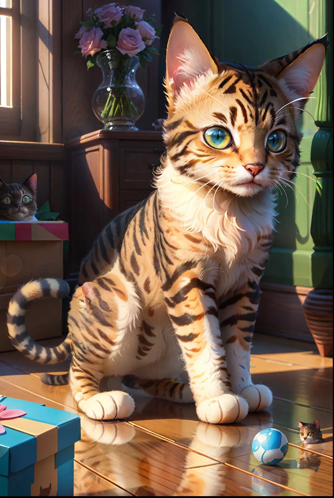 super detailed, extremely detailed, masterpiece, highest quality, best quality, sub surface scattering, (1cat:1.5), (solo:1.4), (cat plush:1.1), （45 degree side view：1.2），Fine fur, fluffy paws, a pair of cat ears, blue cat eyes，Cardboard box full of toys, a teddy bear outside the box, some toys scattered on the ground，Game art, Disney, DreamWorks, animated films, realism, real light and shadow, rich colors, bright and light atmosphere,