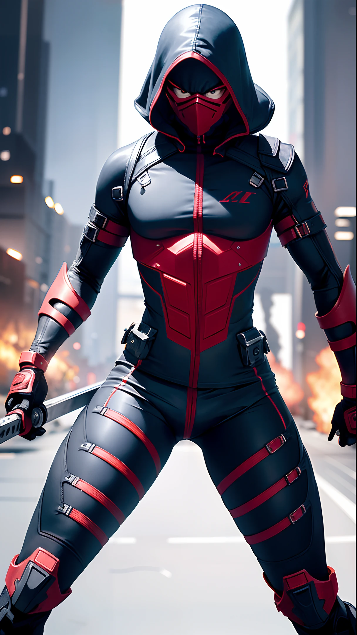 1boy, athletic, breasts, sxz-mgr-v1-4000 in battle stand, ninja assasin, wearing mouth mask,holding sword, dynamic pose, covered in blood, (detailed background), military base, (lens distortion:0,7), (chromatic aberration:0.7), (fim grain:0.7), intricate, unreal engine 5, volumetric lighting, realistic, cinematic, 4k, cinematic lighting, depth of field, masterpiece, perfect, hyper-detailed, hard lighting, intricate details, stop motion, hyperfocus, tonemapping, sharp focus, hyper detailed