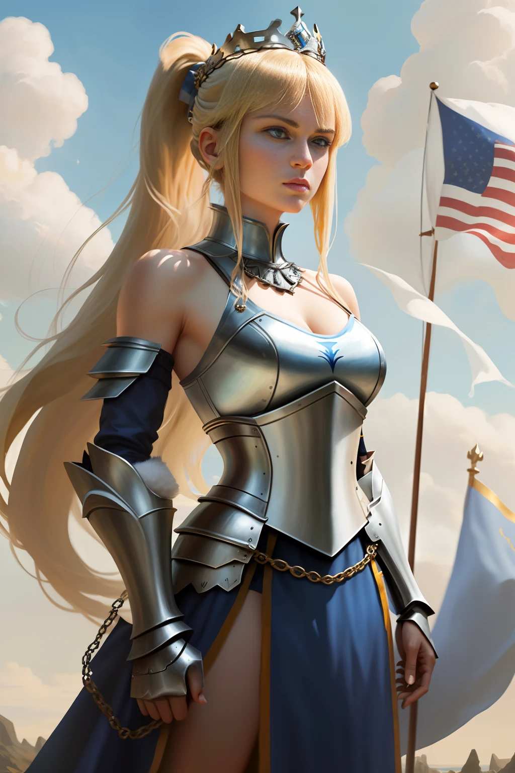 masterpiece,best quality,1girl, solo, looking at viewer, blonde hair, blue eyes, long hair, armor, chain, cloud, sky, upper body, day, bare shoulders, fur trim, ponytail, blue sky, lips, crown, breasts, gorget, outdoors, bangs, flag, gauntlets, closed mouth, tiara, hair ornament