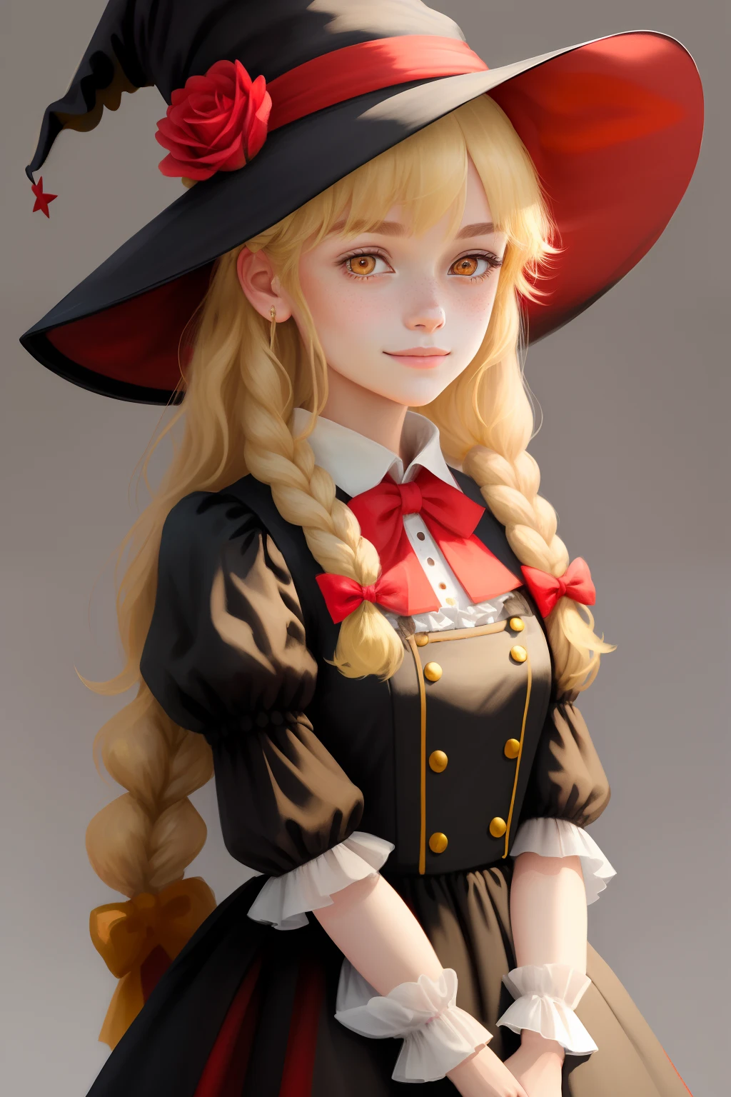 masterpiece,best quality,1girl, solo, hat, braid, blonde hair, bow, star (symbol), flower, long hair, yellow eyes, looking at viewer, red bow, witch hat, upper body, bowtie, single braid, rose, smile, brown background, puffy sleeves, freckles, red bowtie, red flower, hair ornament, lips, kirisame marisa, bangs, hair over shoulder, red rose, closed mouth, simple background, hat flower, dress