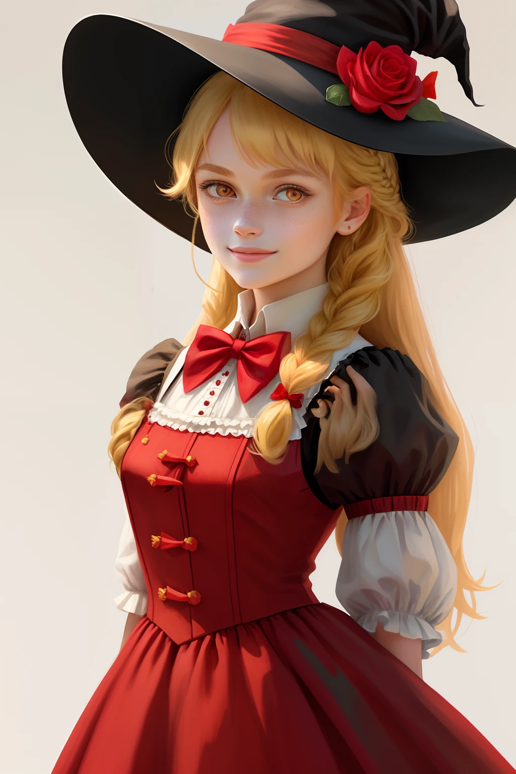 masterpiece,best quality,1girl, solo, hat, braid, blonde hair, bow, flower, long hair, yellow eyes, looking at viewer, red bow, witch hat, upper body, single braid, rose, smile, brown background, puffy sleeves, freckles, red bowtie, red flower, hair ornament, lips, kirisame marisa, bangs, hair over shoulder, red rose, closed mouth, simple background, hat flower, dress