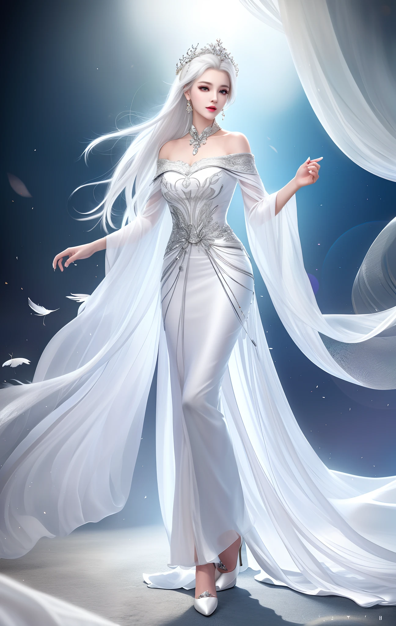 (Best Quality, Masterpiece, High Resolution), 1Girl, (Full Body: 1.2), White Hair, White Transparent Silk Porcelain Dress, Off Shoulder, Smile, Shut Up, Lips, Dress, Chinese Cloth, Necklace, Jewelry, Long Hair, Earrings, Beautiful Face, UPON_ Body, Tindell effect, photo realism, edge lighting, dual tone lighting, (high detail skin: 1.2), 8k ultra high definition, DSLR, soft lighting, high-quality, volume lighting, candor, high-resolution, 4k, 8k, Bokeh, dreamy forest, feather drop effect, morning, close-up