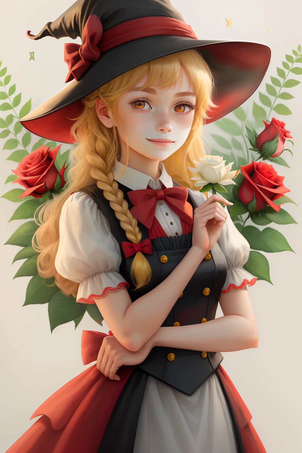 masterpiece,best quality,1girl, solo, hat, braid, blonde hair, bow, star symbol, flower, long hair, yellow eyes, looking at viewer, red bow, witch hat, upper body, bowtie, single braid, rose, smile, brown background, puffy sleeves, freckles, red bowtie, red flower, hair ornament, lips, kirisame marisa, bangs, hair over shoulder, red rose, closed mouth, simple background, hat flower, dress