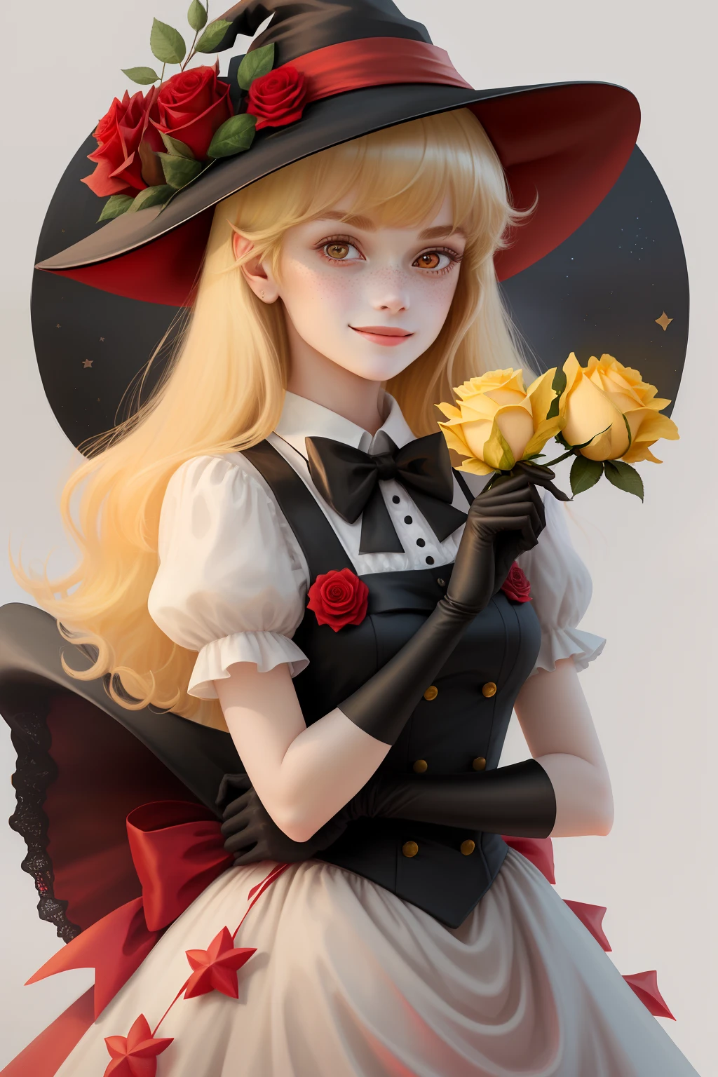 masterpiece,best quality,1girl, solo, hat, blonde hair, bow, star (symbol), flower, long hair, yellow eyes, looking at viewer, red bow, witch hat, upper body, bowtie, rose, smile, brown background, puffy sleeves, freckles, red bowtie, red flower, hair ornament, lips, kirisame marisa, bangs, hair over shoulder, red rose, closed mouth, simple background, hat flower, dress