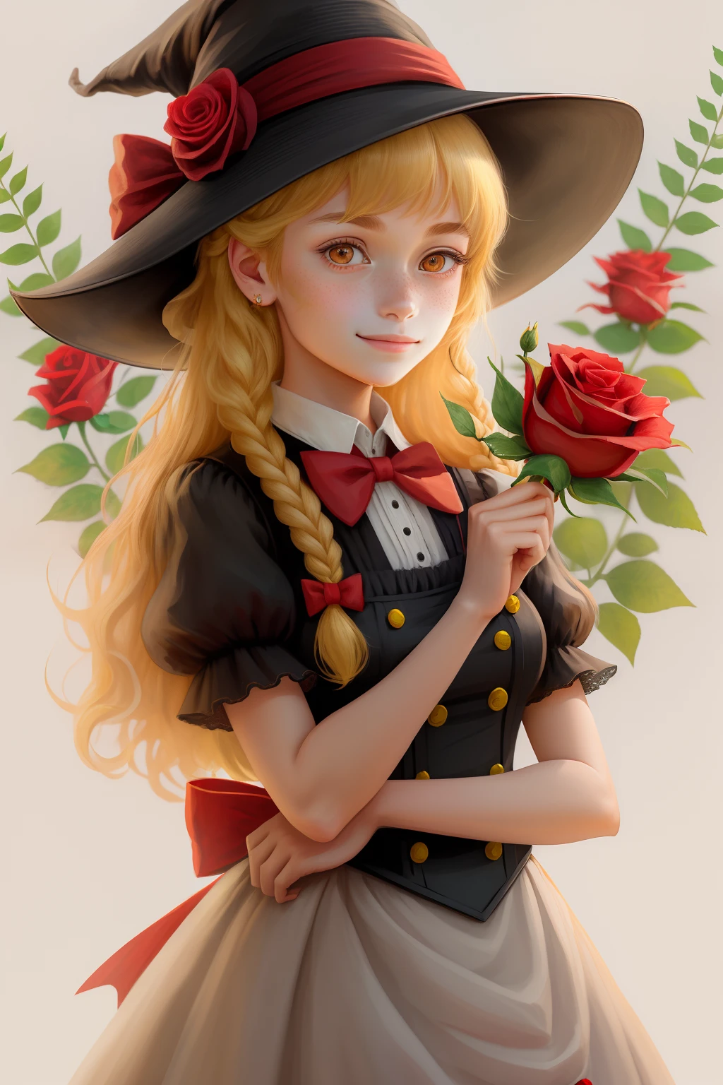 masterpiece,best quality,1girl, solo, hat, braid, blonde hair, bow, star symbol, flower, long hair, yellow eyes, looking at viewer, red bow, witch hat, upper body, bowtie, single braid, rose, smile, brown background, puffy sleeves, freckles, red bowtie, red flower, hair ornament, lips, kirisame marisa, bangs, hair over shoulder, red rose, closed mouth, simple background, hat flower, dress