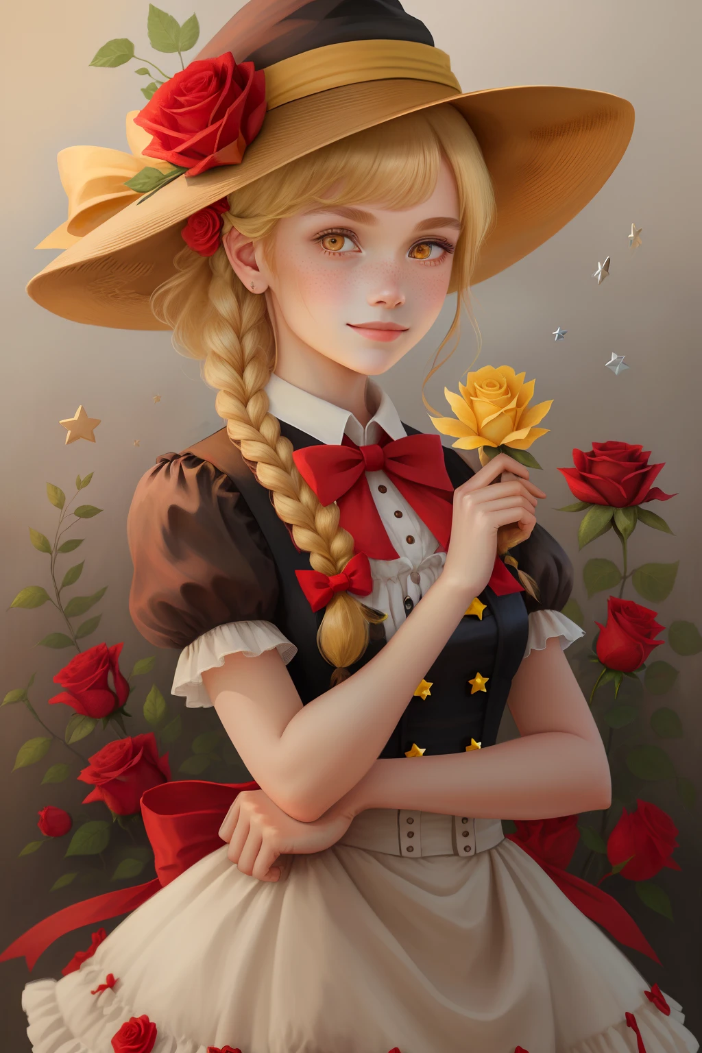 masterpiece,best quality,1girl, solo, hat, braid, blonde hair, bow, star (symbol), flower, yellow eyes, looking at viewer, red bow, witch hat, upper body, bowtie, single braid, rose, smile, brown background, puffy sleeves, freckles, red bowtie, red flower, hair ornament, lips, kirisame marisa, bangs, red rose, closed mouth, simple background, hat flower, dress