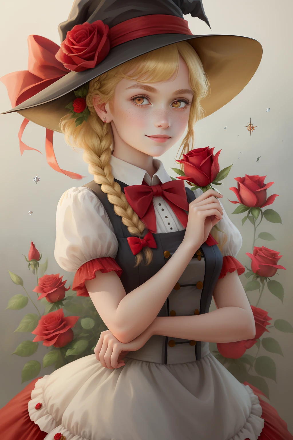 masterpiece,best quality,1girl, solo, hat, braid, blonde hair, bow, star (symbol), flower, yellow eyes, looking at viewer, red bow, witch hat, upper body, bowtie, single braid, rose, smile, brown background, puffy sleeves, freckles, red bowtie, red flower, hair ornament, lips, kirisame marisa, bangs, red rose, closed mouth, simple background, hat flower, dress