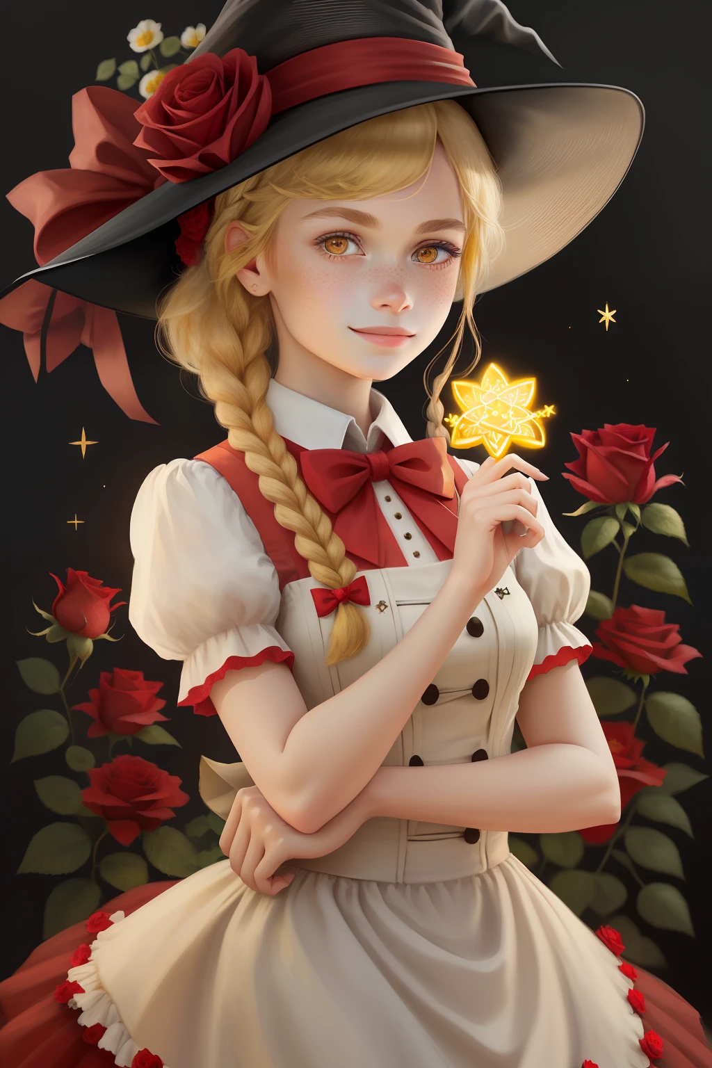 masterpiece,best quality,1girl, solo, hat, braid, blonde hair, bow, star (symbol), flower, yellow eyes, looking at viewer, red bow, witch hat, upper body, bowtie, single braid, rose, smile, brown background, puffy sleeves, freckles, red bowtie, red flower, hair ornament, lips, kirisame marisa, bangs, red rose, closed mouth, simple background, hat flower, dress