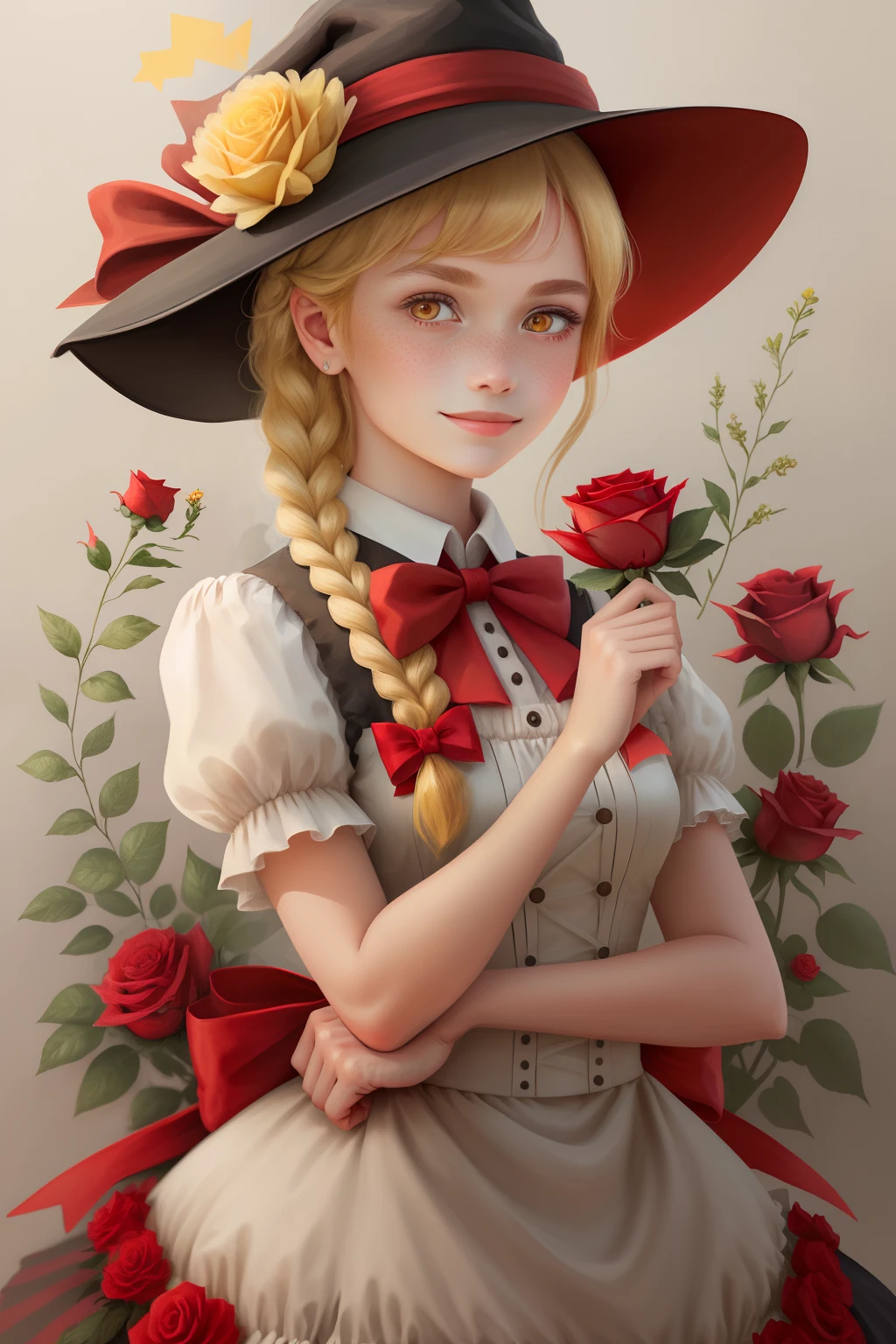 masterpiece,best quality,1girl, solo, hat, braid, blonde hair, bow, star (symbol), flower, yellow eyes, looking at viewer, red bow, witch hat, upper body, bowtie, single braid, rose, smile, brown background, puffy sleeves, freckles, red bowtie, red flower, hair ornament, lips, kirisame marisa, bangs, red rose, closed mouth, simple background, hat flower, dress