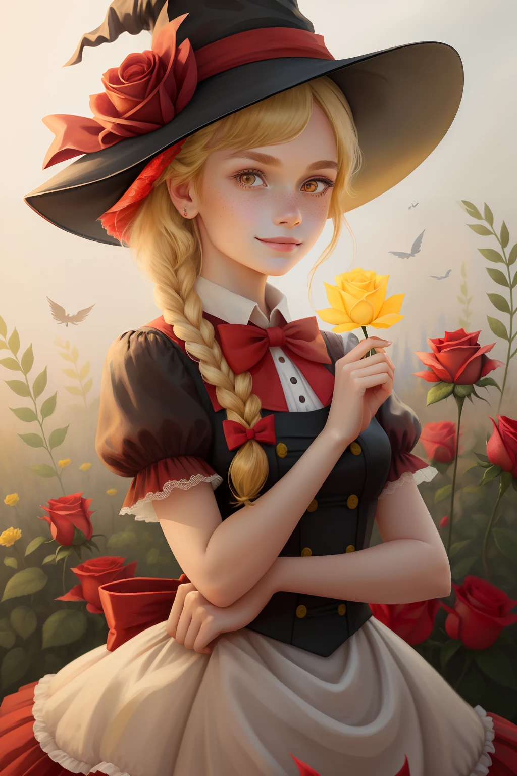 masterpiece,best quality,1girl, solo, hat, braid, blonde hair, bow, star (symbol), flower, yellow eyes, looking at viewer, red bow, witch hat, upper body, bowtie, single braid, rose, smile, brown background, puffy sleeves, freckles, red bowtie, red flower, hair ornament, lips, kirisame marisa, bangs, red rose, closed mouth, simple background, hat flower, dress
