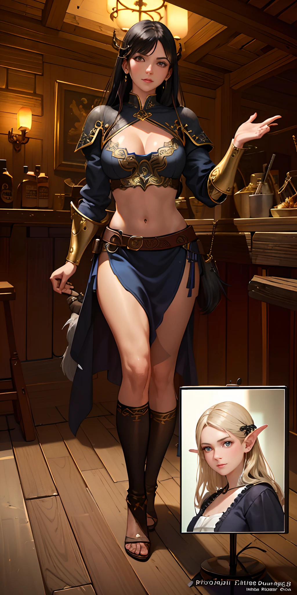 (photorealistic:1.4), (masterpiece, sidelighting, finely detailed beautiful eyes: 1.2), masterpiece*portrait, realistic, 3d face, glowing eyes, shiny hair, lustrous skin, solo, embarassed, (midriff), black underwear, blonde hair,beautiful young girl in a tavern, medieval innkeeper girl, simple innkeeper clothes, medieval clothes, energetic, happy, fit, tavern clothes, warhammer, lord of the rings, skyrim, medieval, sweaty, intricate, highly detailed, digital painting, artstation, concept art, smooth, sharp focus, illustration, unreal engine 5, 8 k, art by artgerm and greg rutkowski and alphonse mucha, rtx, beautiful detailed glow, Cinematic light, neckline dress,(A tavern full of men:1.2), smoke