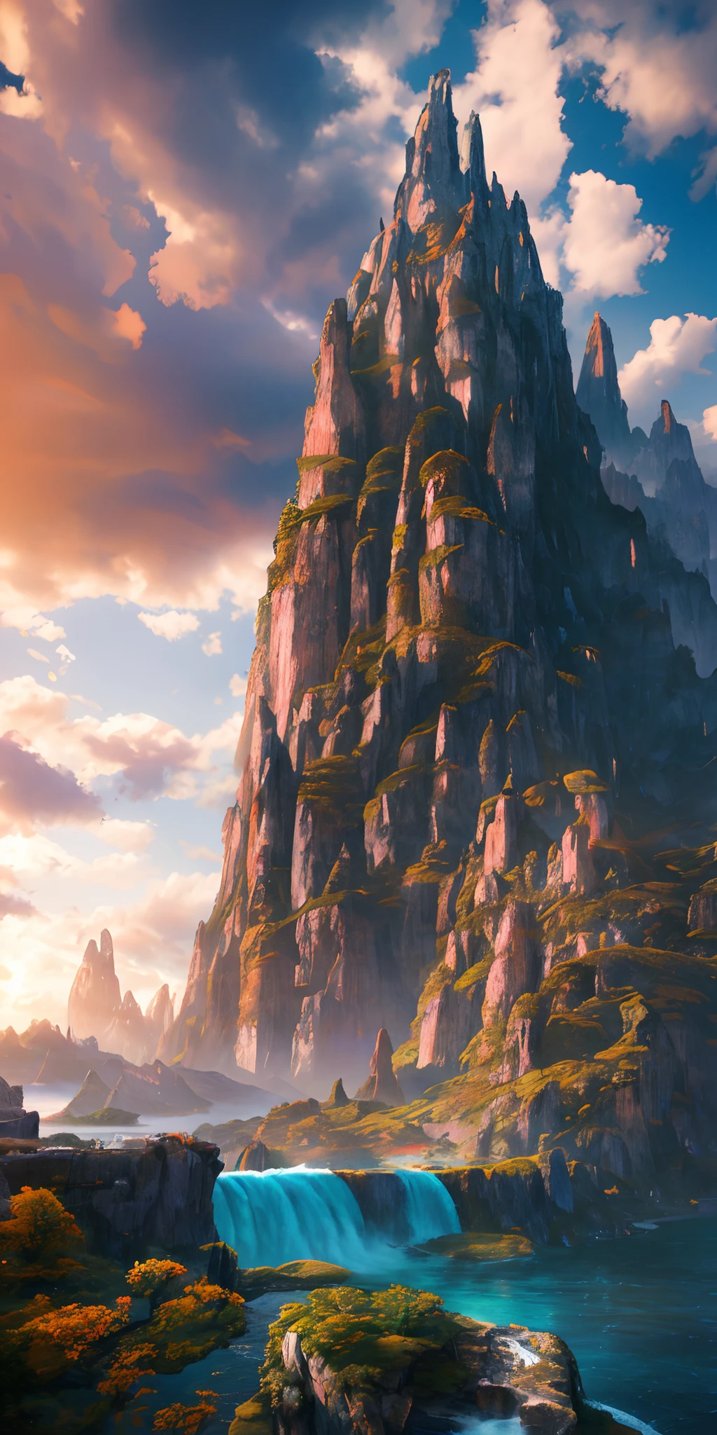 masterpiece, best quality, high quality, extremely detailed CG unity 8k wallpaper, scenery, outdoors, sky, cloud, day, no humans, mountain, landscape, water, tree, blue sky, waterfall, cliff, nature, lake, river, cloudy sky,award winning photography, Bokeh, Depth of Field, HDR, bloom, Chromatic Aberration ,Photorealistic,extremely detailed, trending on artstation, trending on CGsociety, Intricate, High Detail, dramatic, art by midjourney