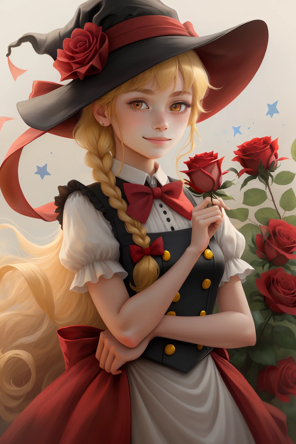 masterpiece,best quality,1girl, solo, hat, braid, blonde hair, bow, star symbol, flower, long hair, yellow eyes, looking at viewer, red bow, witch hat, upper body, bowtie, single braid, rose, smile, brown background, puffy sleeves, freckles, red bowtie, red flower, hair ornament, lips, kirisame marisa, bangs, hair over shoulder, red rose, closed mouth, simple background, hat flower, dress