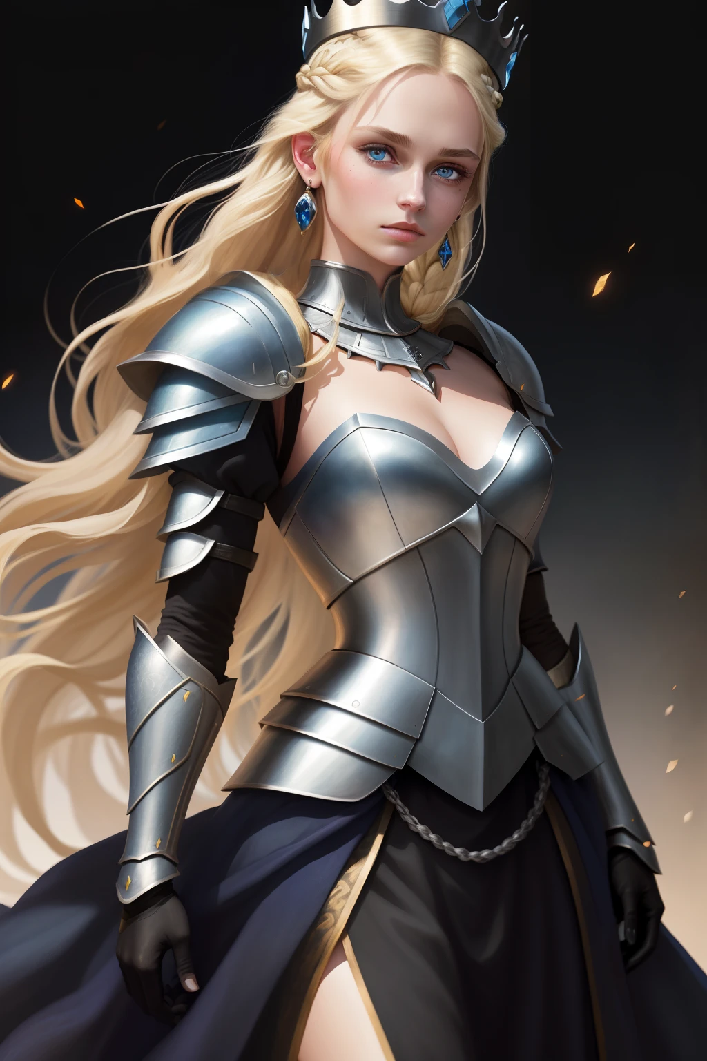 masterpiece,best quality,1girl, solo, blue eyes, braid, blonde hair, long hair, armor, jewelry, looking at viewer, mole, upper body, earrings, parted lips, crown, gauntlets, gloves, shoulder armor, black gloves, medium , bangs, lips, mole under eye