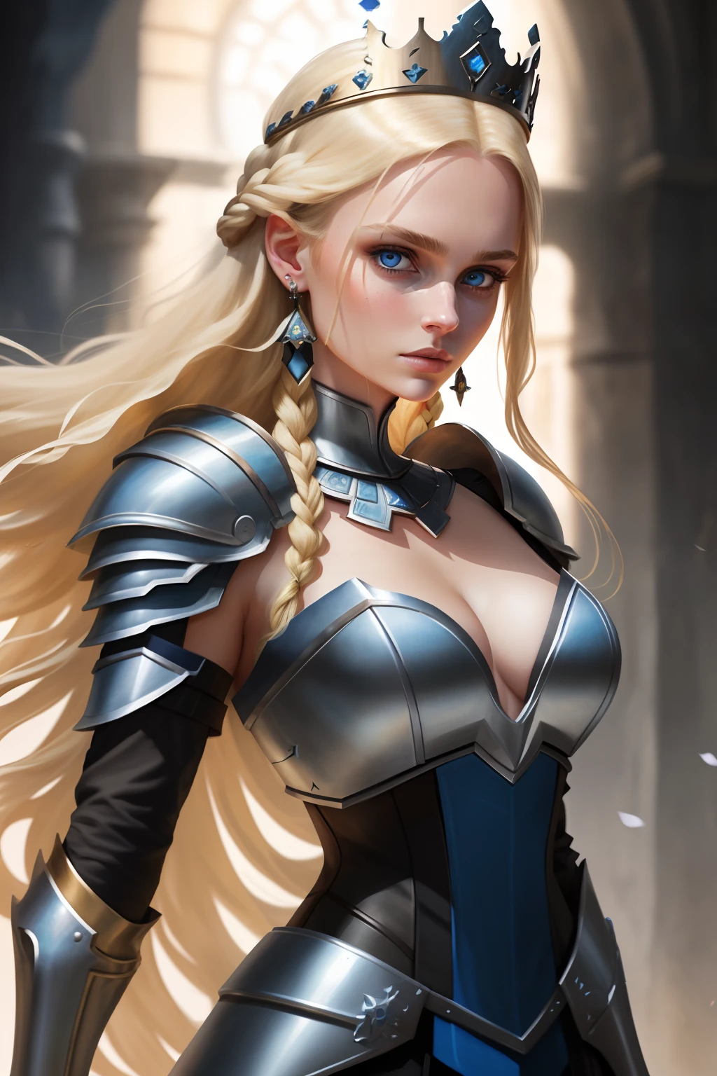masterpiece,best quality,1girl, solo, blue eyes, braid, blonde hair, long hair, armor, jewelry, looking at viewer, mole, upper body, earrings, parted lips, crown, gauntlets, gloves, shoulder armor, black gloves, mole on breast, medium breasts, bangs, lips, mole under eye