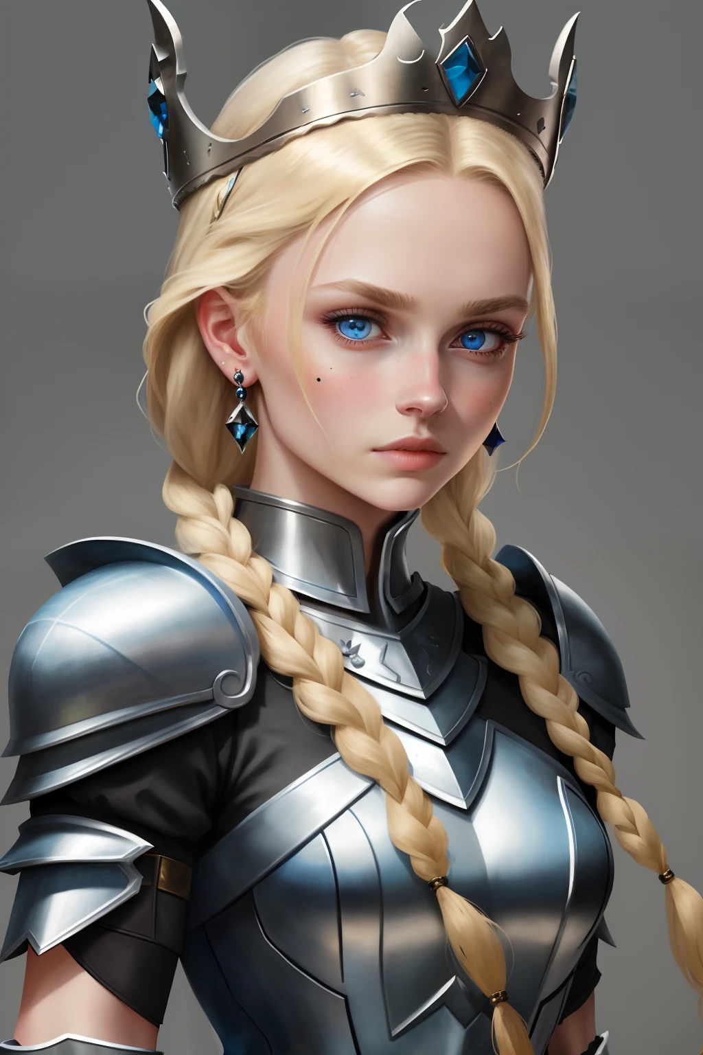 masterpiece,best quality,1girl, solo, blue eyes, braid, blonde hair, long hair, armor, jewelry, looking at viewer, mole, upper body, earrings, parted lips, crown, gauntlets, gloves, shoulder armor, black gloves, medium breasts, bangs, lips, mole under eye