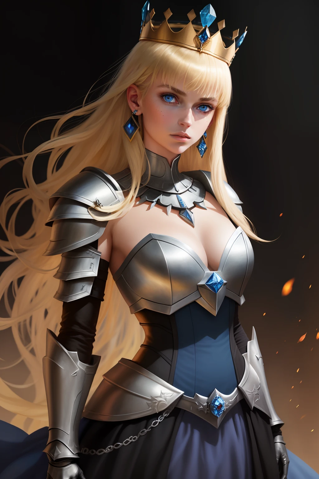 masterpiece,best quality,1girl, solo, blue eyes, blonde hair, armor, jewelry, looking at viewer, upper body, earrings, parted lips, crown, gauntlets, gloves, shoulder armor, black gloves, medium breasts, bangs, lips, mole under eye