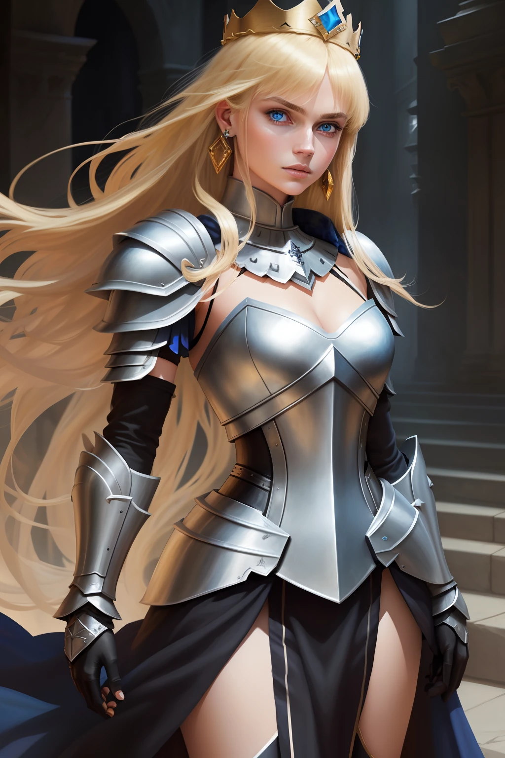 masterpiece,best quality,1girl, solo, blue eyes, blonde hair, long hair, armor, jewelry, looking at viewer, upper body, earrings, parted lips, crown, gauntlets, gloves, shoulder armor, black gloves, bangs, lips
