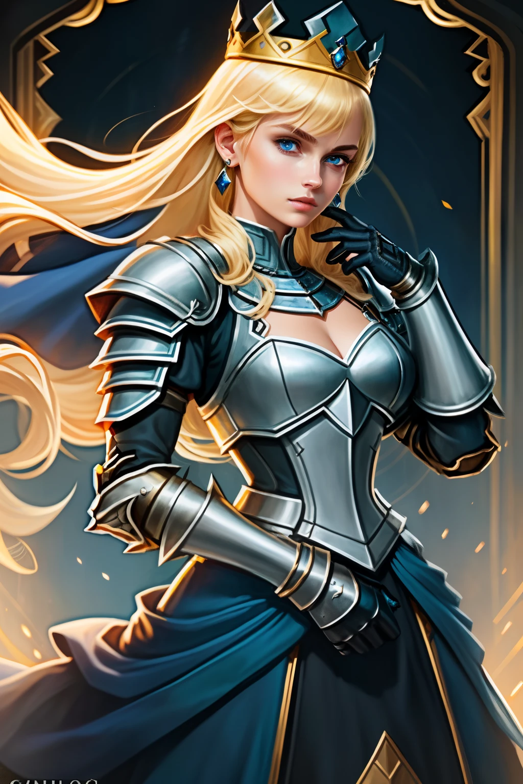 masterpiece,best quality,1girl, solo, blue eyes, blonde hair, armor, jewelry, looking at viewer, upper body, earrings, parted lips, crown, gauntlets, gloves, shoulder armor, black gloves, bangs, lips