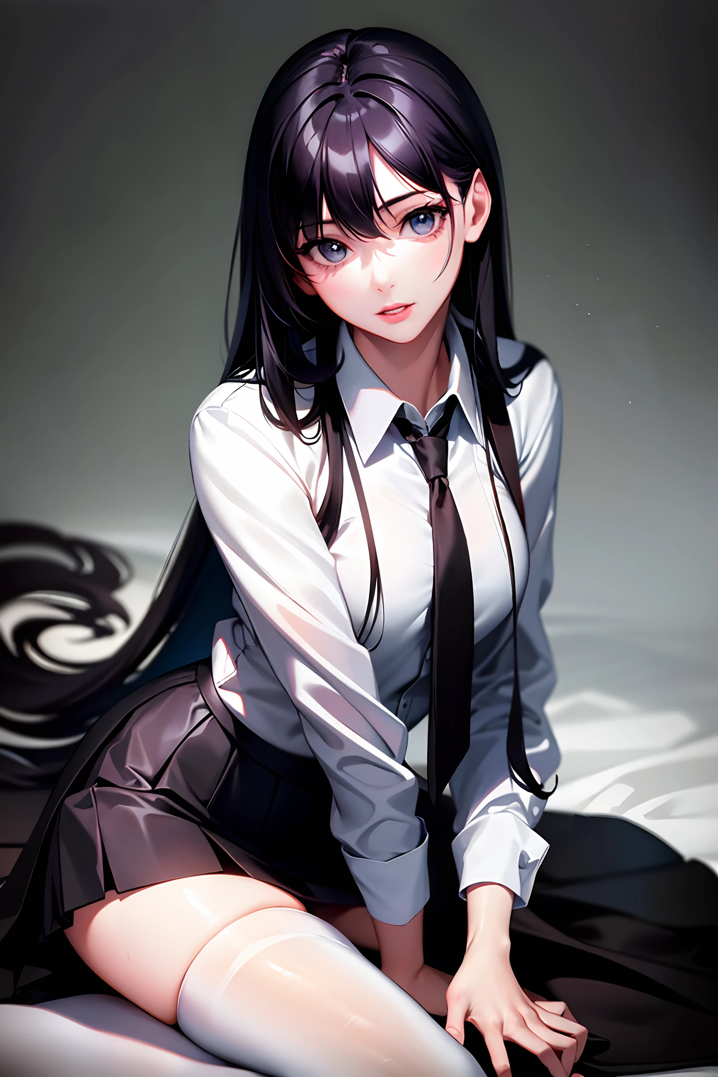 ((masterpiece, best_quality)), 1girl, (photorealistic:1.4),  solo, white_background, black_hair, long_hair,   zettai_ryouiki, skirt, ((full_body)),  