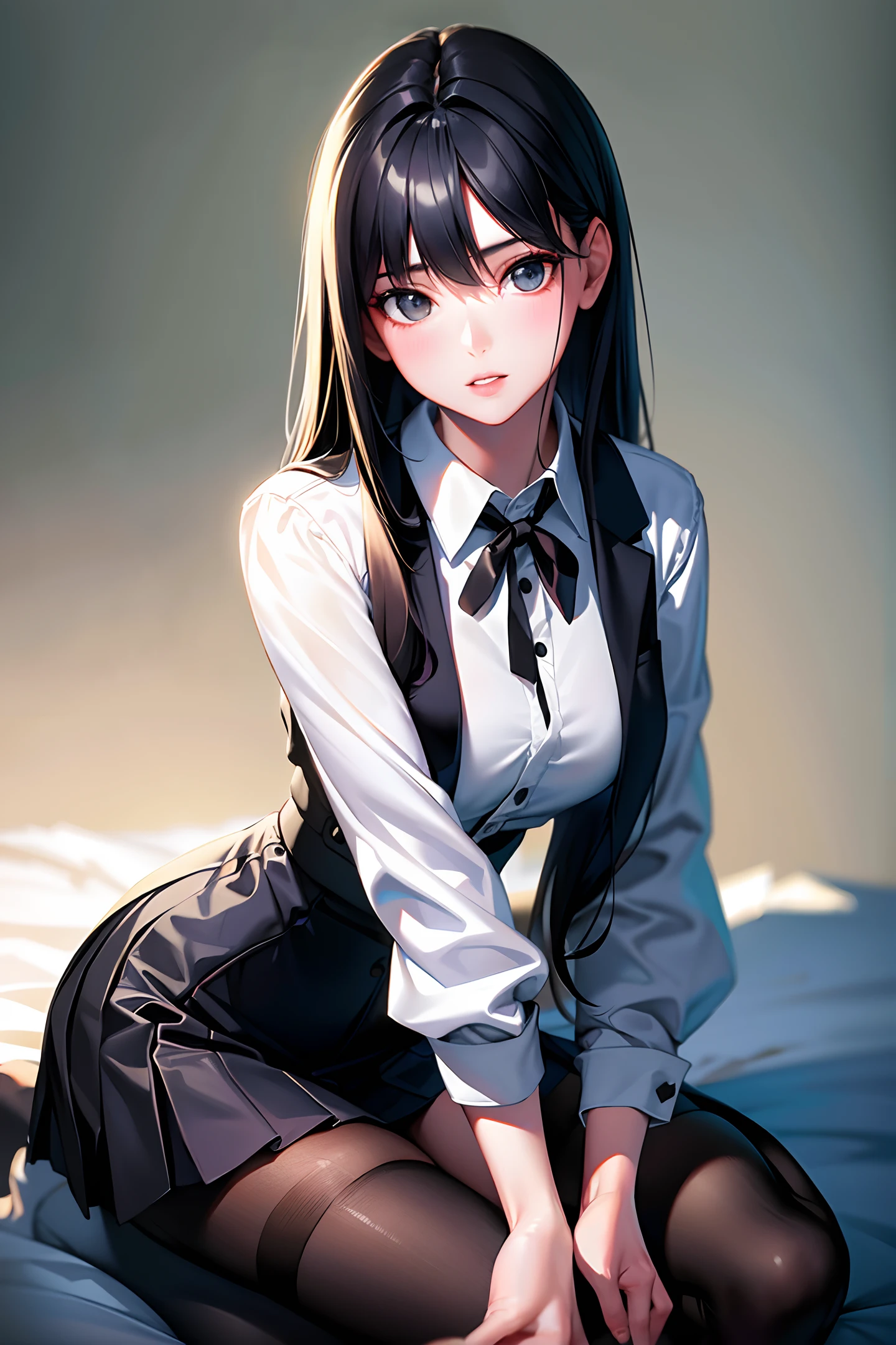 ((masterpiece, best_quality)), 1girl, (photorealistic:1.4),  solo, white_background, black_hair, long_hair,   zettai_ryouiki, skirt, ((full_body)),  