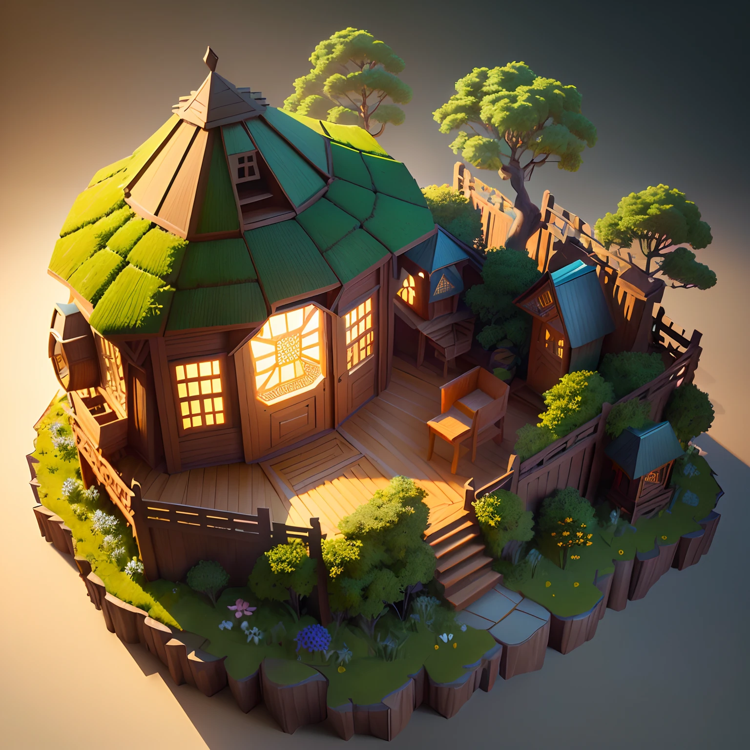 Isometric hexagon House,best quality, ((round)),(extremely detailed CG unity 8k wallpaper), (best quality), (best illustration), (best shadow),((Forest tree house)),(round bulbous hut),honeycomb decoration,flowers,decorative arts,octane render,ray tracing,ultra detailed