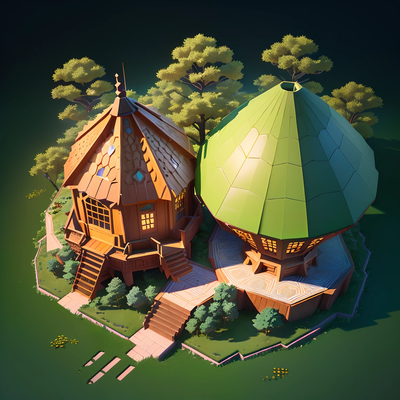 Isometric hexagon House,best quality, ((round)),(extremely detailed CG unity 8k wallpaper), (best quality), (best illustration), (best shadow),((Forest tree house)),(round bulbous hut),honeycomb decoration,flowers,decorative arts,octane render,ray tracing,ultra detailed