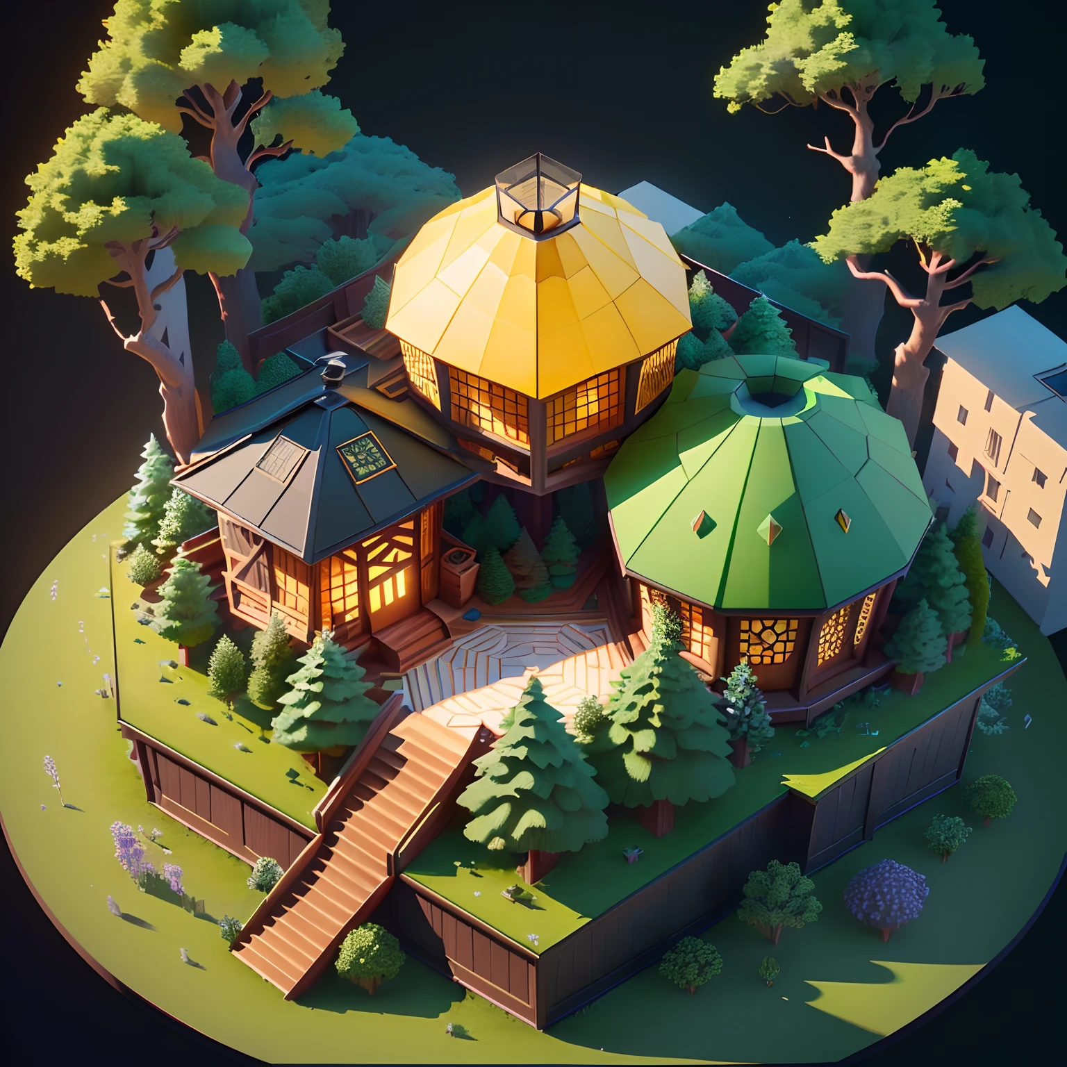Isometric hexagon House,best quality, ((round)),(extremely detailed CG unity 8k wallpaper), (best quality), (best illustration), (best shadow),((Forest tree house)),(round bulbous hut),honeycomb decoration,flowers,decorative arts,octane render,ray tracing,ultra detailed