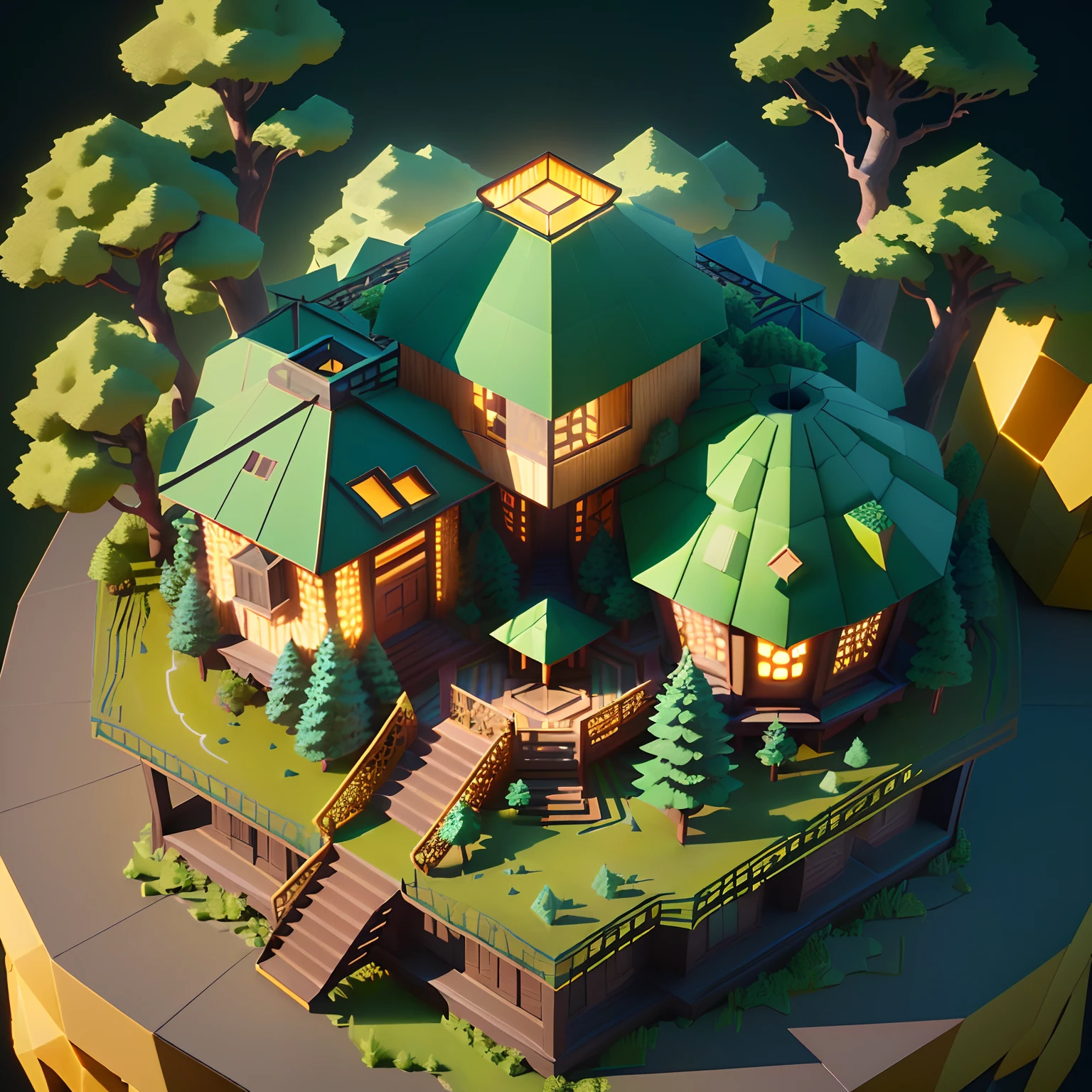 Isometric hexagon House,best quality, ((round)),(extremely detailed CG unity 8k wallpaper), (best quality), (best illustration), (best shadow),((Forest tree house)),(round bulbous hut),honeycomb decoration,flowers,decorative arts,octane render,ray tracing,ultra detailed