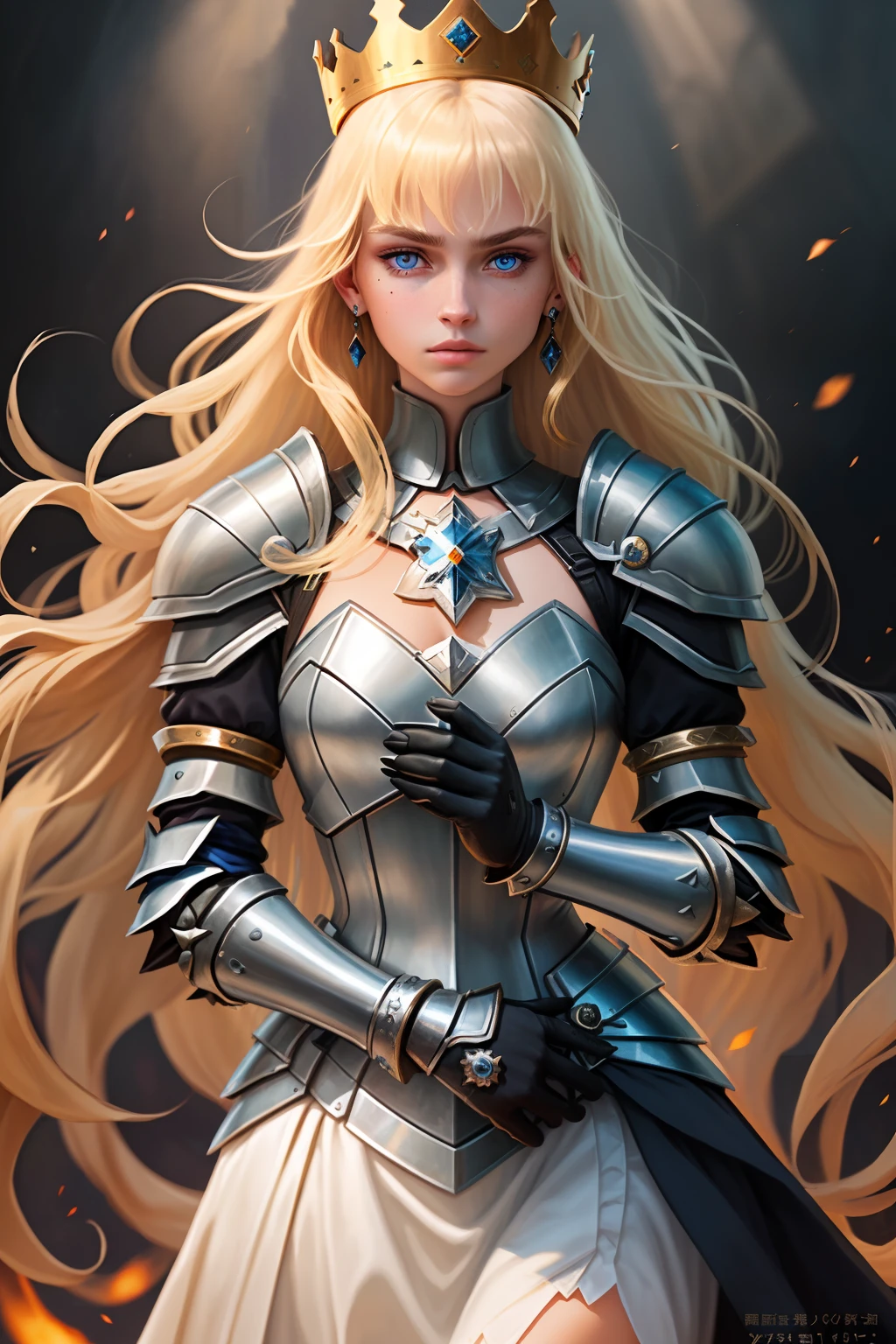 masterpiece,best quality,1girl, solo, blue eyes, blonde hair, long hair, armor, jewelry, looking at viewer, mole, upper body, earrings, parted lips, crown, gauntlets, gloves, shoulder armor, black gloves, bangs, lips, mole under eye