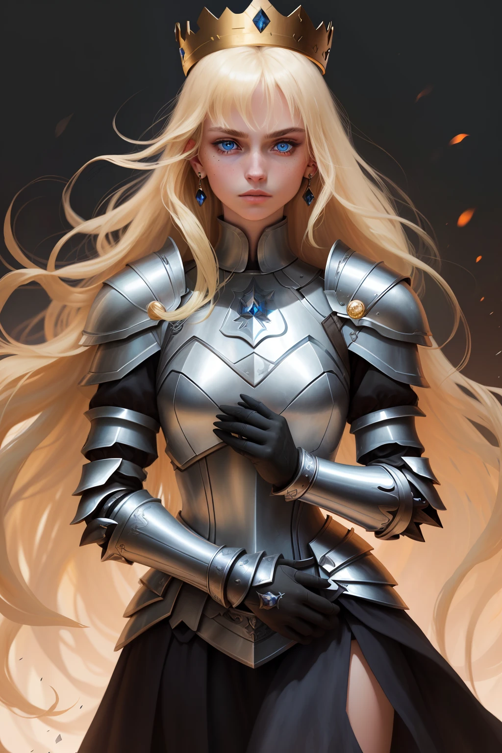 masterpiece,best quality,1girl, solo, blue eyes, blonde hair, long hair, armor, jewelry, looking at viewer, mole, upper body, earrings, parted lips, crown, gauntlets, gloves, shoulder armor, black gloves, bangs, lips, mole under eye