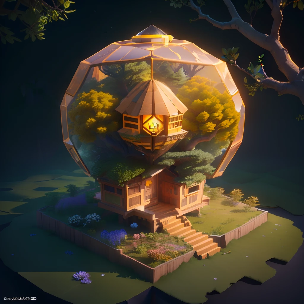 Isometric hexagon House,best quality, ((spherical)),(extremely detailed CG unity 8k wallpaper), (best quality), (best illustration), (best shadow),((Forest tree house)),(A round beehive hut covered with flower petals),Hexagonal,honeycomb decoration,octane render,ray tracing,ultra detailed