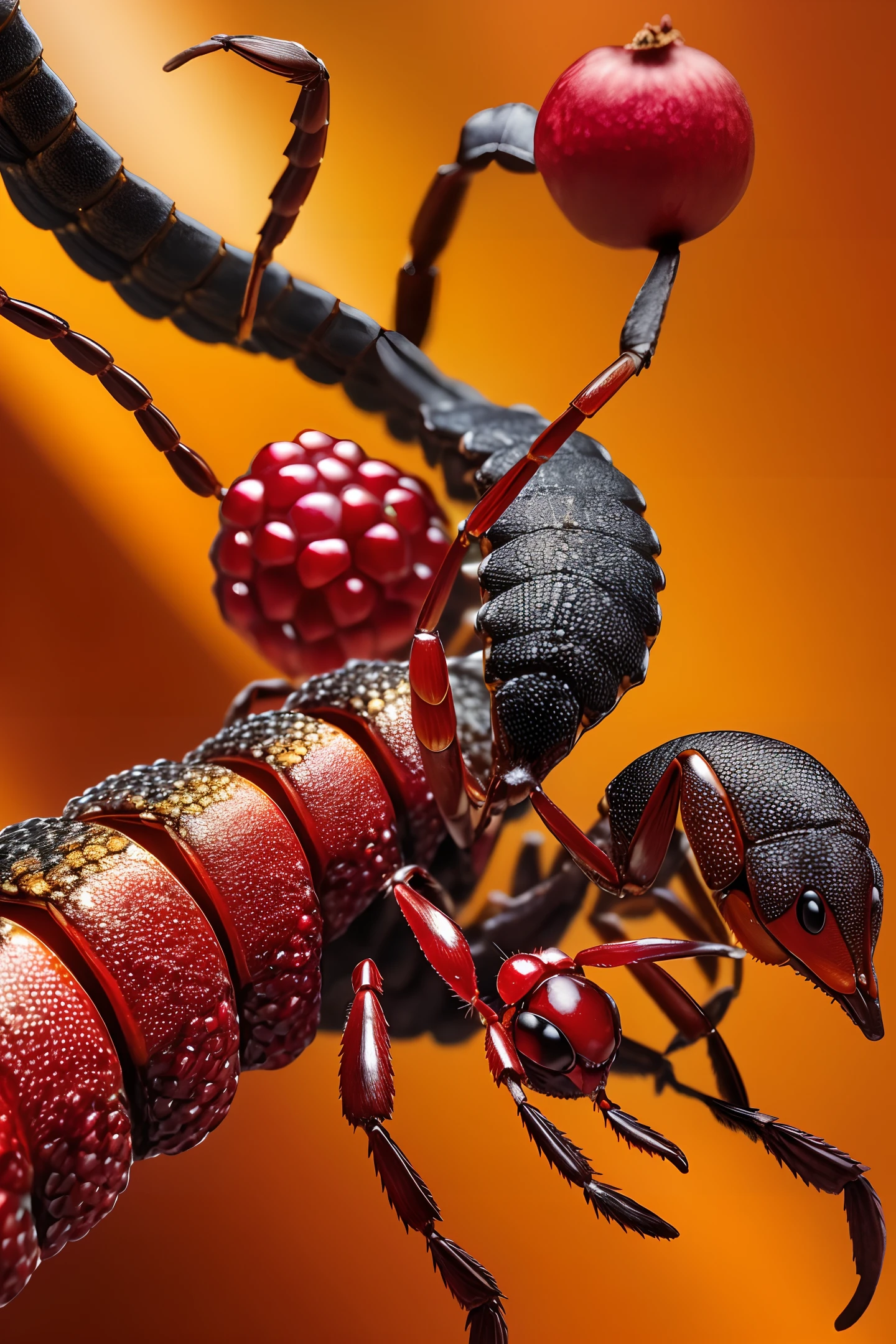 (extremely detailed 8k wallpaper),A scorpion's tail and an ant's head. Scorpion tail is a variant of fruit pomegranate, intricate, high detail, dramatic