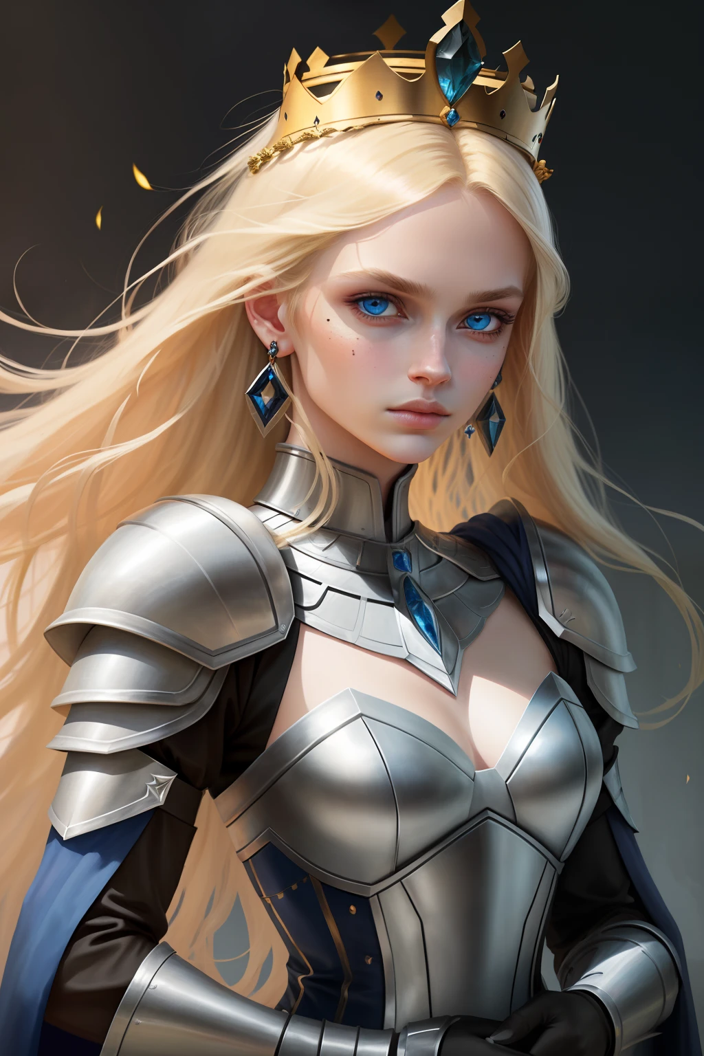 masterpiece,best quality,1girl, solo, blue eyes, blonde hair, long hair, armor, jewelry, looking at viewer, mole, upper body, earrings, parted lips, crown, gauntlets, gloves, shoulder armor, black gloves, bangs, lips, mole under eye