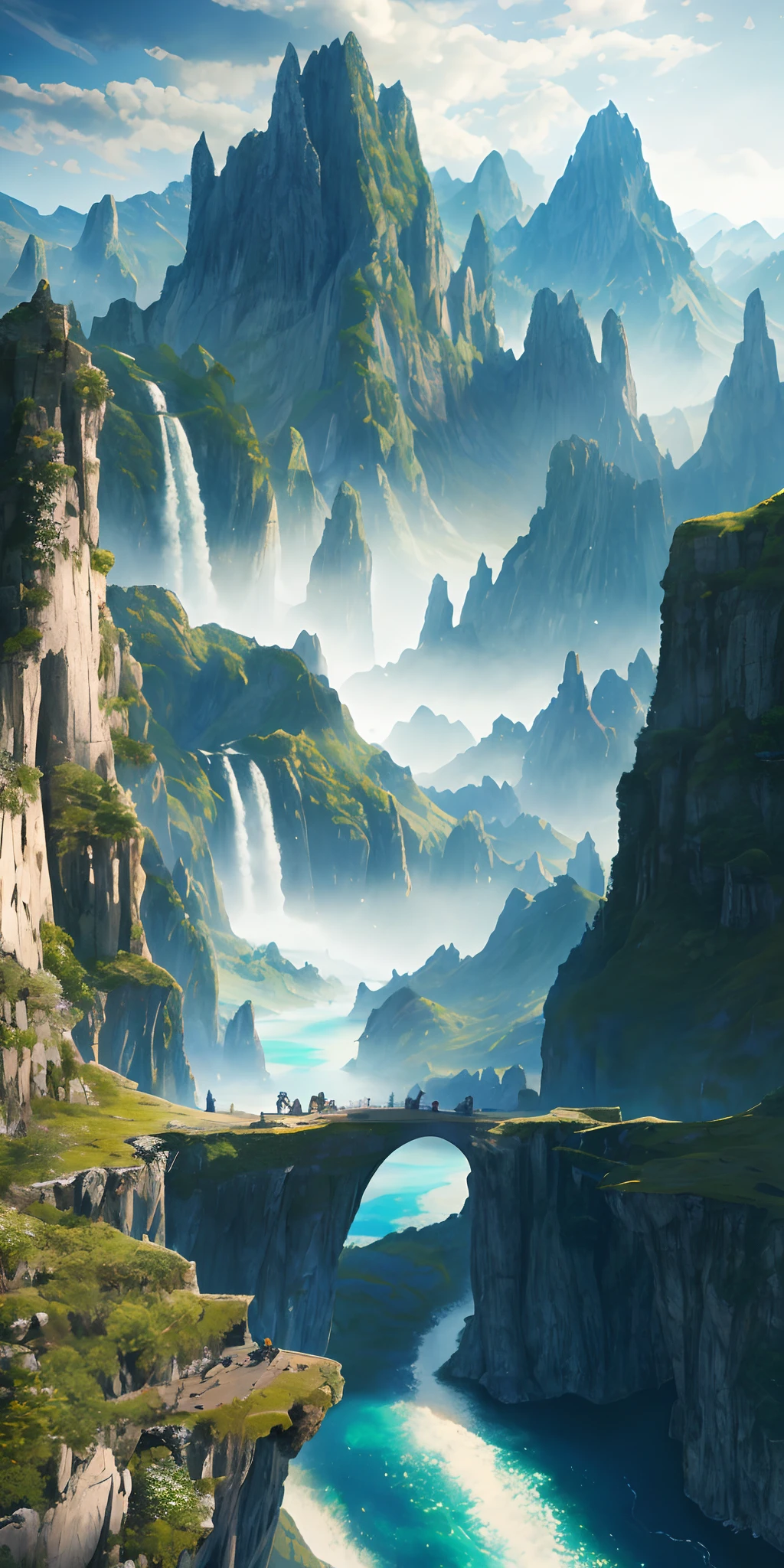 masterpiece, best quality, high quality, extremely detailed CG unity 8k wallpaper, scenery, outdoors, sky, cloud, day, no humans, mountain, landscape, water, tree, blue sky, waterfall, cliff, nature, lake, river, cloudy sky,award winning photography, Bokeh, Depth of Field, HDR, bloom, Chromatic Aberration ,Photorealistic,extremely detailed, trending on artstation, trending on CGsociety, Intricate, High Detail, dramatic, art by midjourney