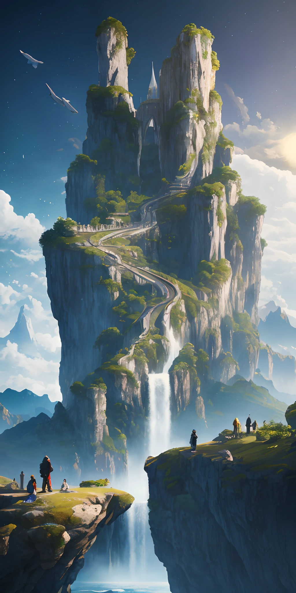 masterpiece, best quality, high quality, extremely detailed CG unity 8k wallpaper, scenery, outdoors, sky, cloud, day, no humans, mountain, landscape, water, tree, blue sky, waterfall, cliff, nature, lake, river, cloudy sky, Bokeh, Depth of Field, HDR, bloom, Chromatic Aberration ,Photorealistic,extremely detailed, trending on artstation, trending on CGsociety, Intricate, High Detail, moon, art by midjourney