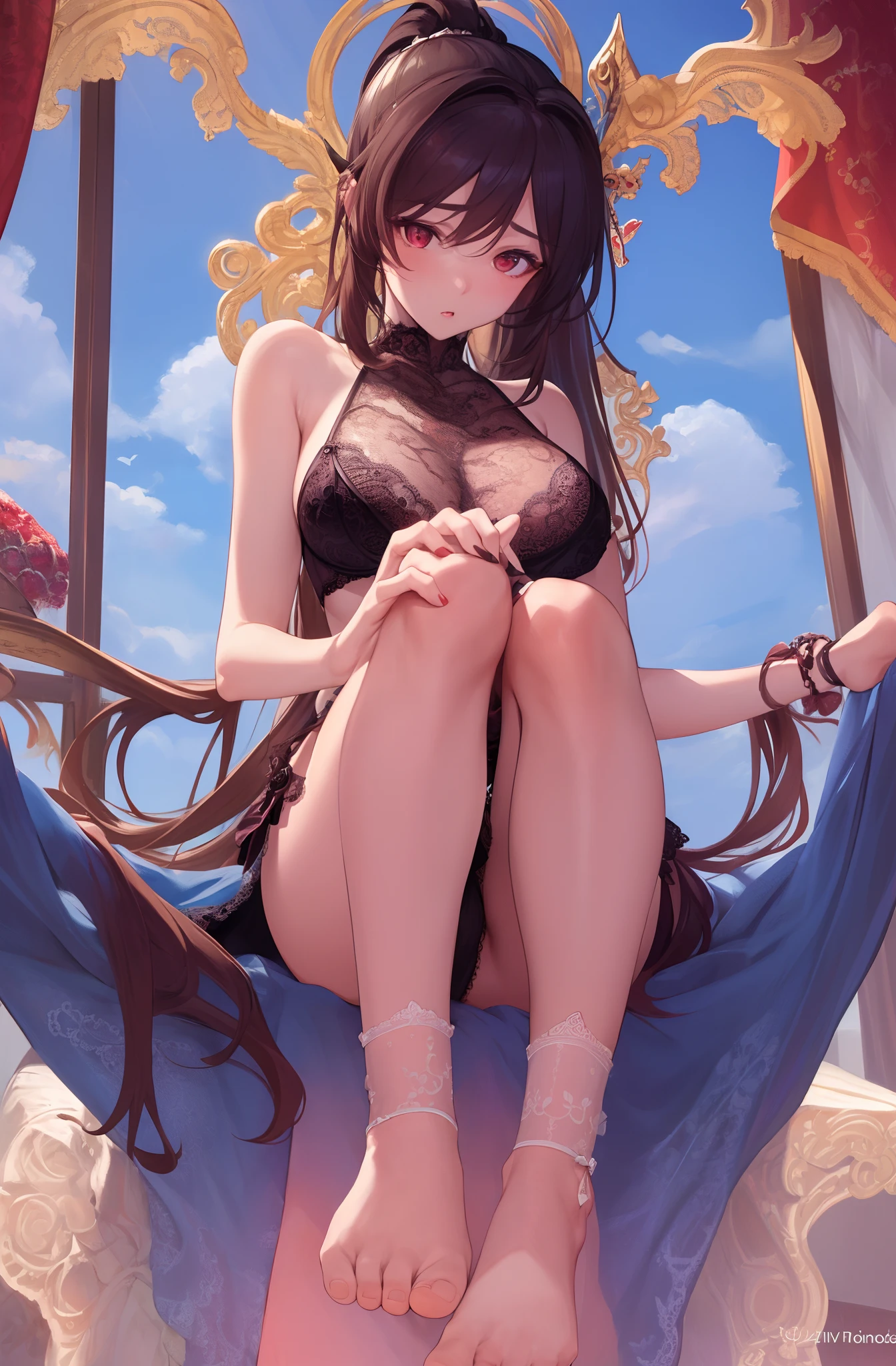 ((masterpiece)), (the best quality), (detailed), 1girl,
looking at viewer, surprised, knees-up,
long chestnut hair, ponytail,
intricate lace lingerie,
sky, vivid colors, sharp focus, perfect hands, perfect legs, perfect foots
