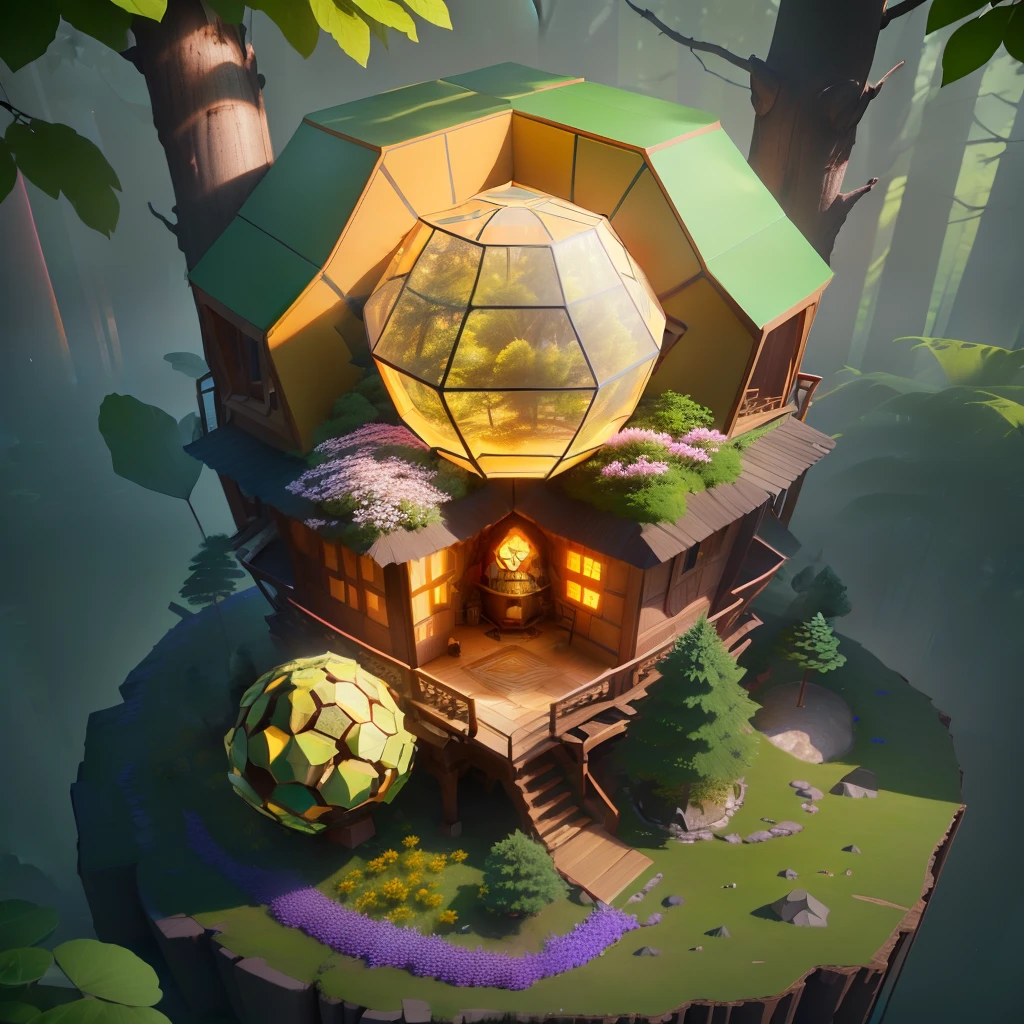 Isometric hexagon House,best quality, ((spherical)),(extremely detailed CG unity 8k wallpaper), (best quality), (best illustration), (best shadow),((Forest tree house)),(A round beehive hut covered with flower petals),Hexagonal,honeycomb decoration,octane render,ray tracing,ultra detailed