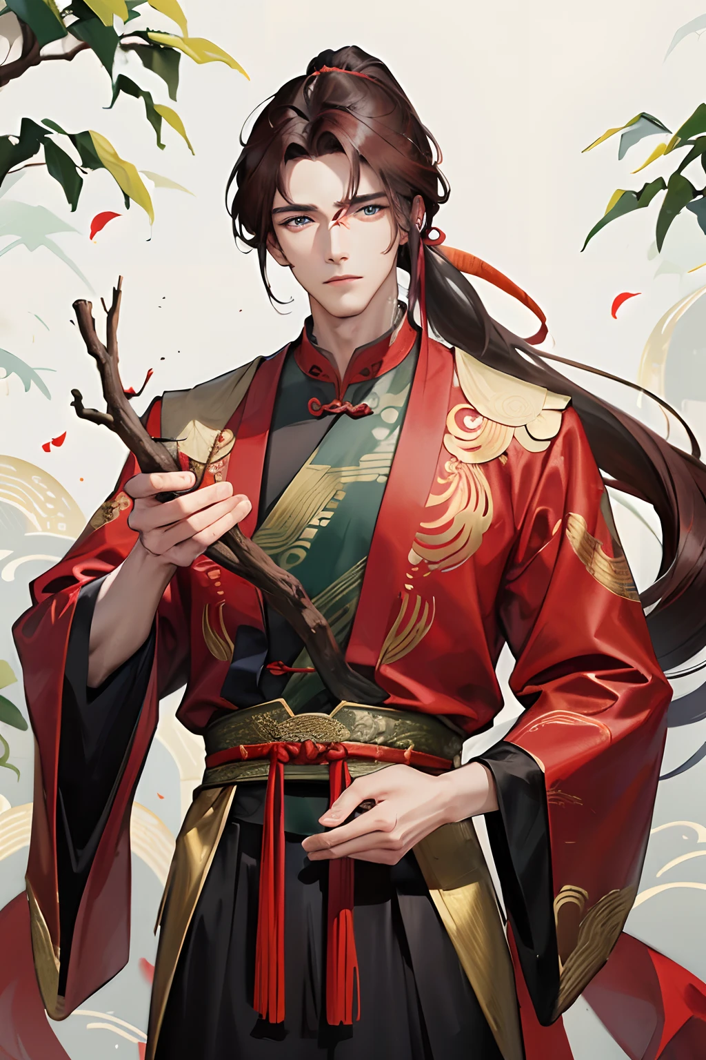 Masterpiece, best quality, banquet, day, 1 person, mature man, Chinese style, ancient China, Chinese palace, red clothes, dark brown hair, blue eyes, split hair, long hair, long bangs, high ponytail, handsome, masculine, gentle, unicorn pattern, tree branches