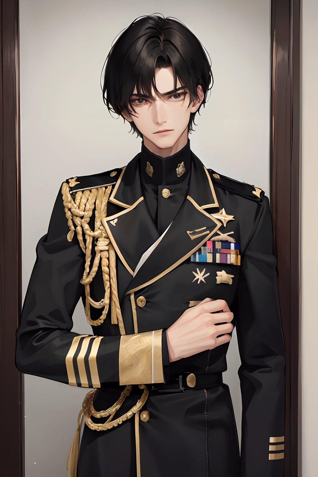 (highest resolution, distinct_image) The best quality, a man, masterpiece, highly detailed, semi realistic, black short hair, black hair, bangs, 18 years old, mature, young, tall and strong, black clothes, black uniforms, military uniforms, military academies, indoor backgrounds, cold, serious, tall, handsome, authoritarian, powerful, delicate facial features, exquisite facial features