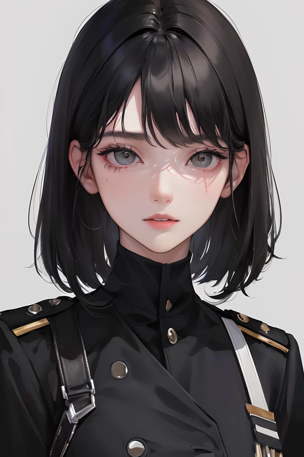 (highest resolution, distinct_image) Best quality, a woman, masterpiece, highly detailed, semi realistic, black short hair, black hair, gray eyes, bangs, 21 years old, shoulder length hair, mature, young, black clothing, black uniform, military uniform, spaceship space, exquisite facial features, facial features