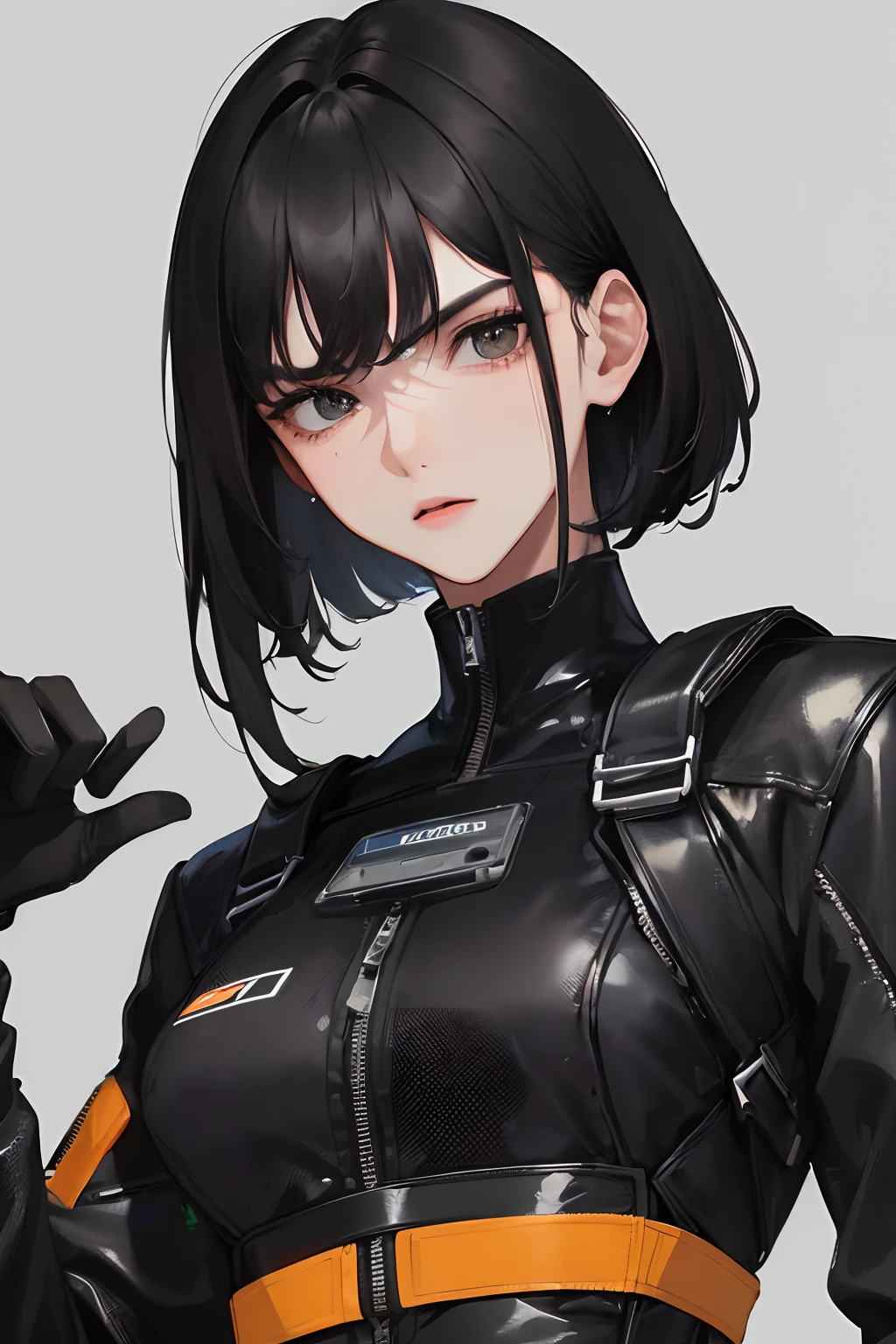 (highest resolution, distinct_image) Best quality, a man's masterpiece, highly detailed, semi realistic, black short hair, black hair, bangs, 18 years old, mature, young, tall and strong, black tight fitting, black flight suit, spacecraft background, cold, serious, tall and handsome, authoritative, powerful, exquisite facial features, exquisite facial features