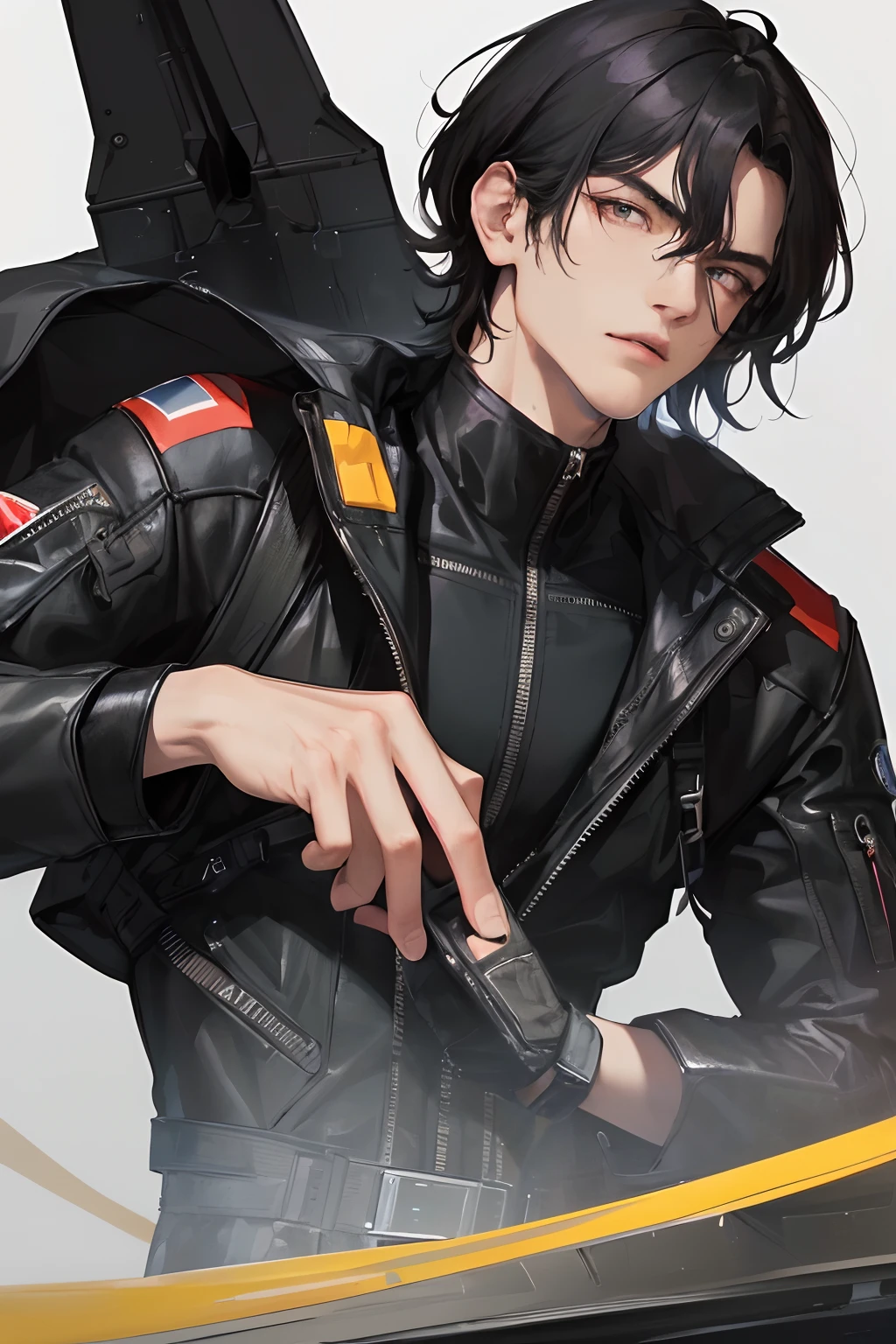 (highest resolution, distinct_image) Best quality, a man's masterpiece, highly detailed, semi realistic, black short hair, black hair, bangs, 18 years old, mature, young, tall and strong, black tight fitting, black flight suit, spacecraft background, cold, serious, tall and handsome, authoritative, powerful, exquisite facial features, exquisite facial features