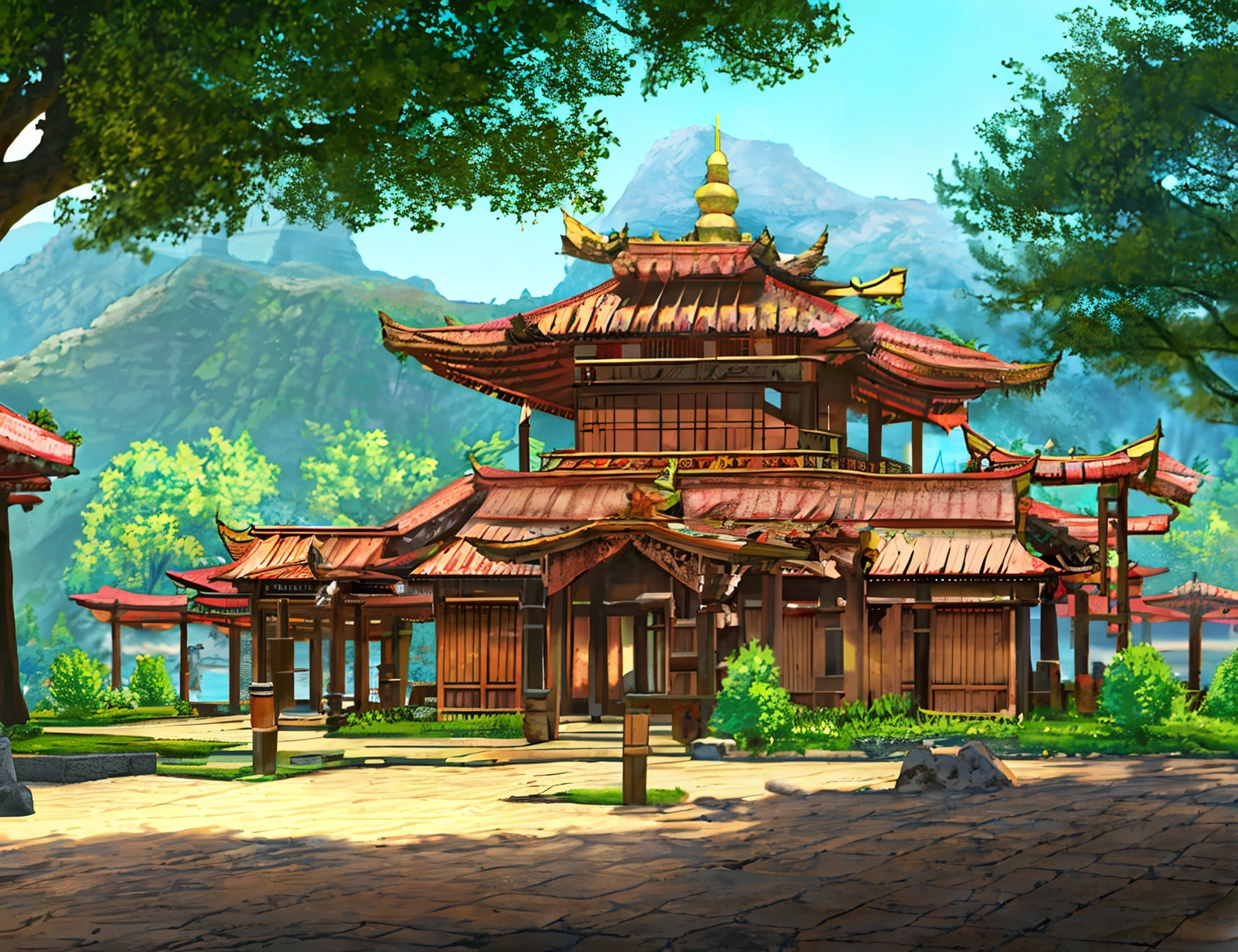 Please create a game background featuring traditional elements of ancient architecture and decorations, with a focus on enhancing the natural feel of the scene through the addition of trees and a lake