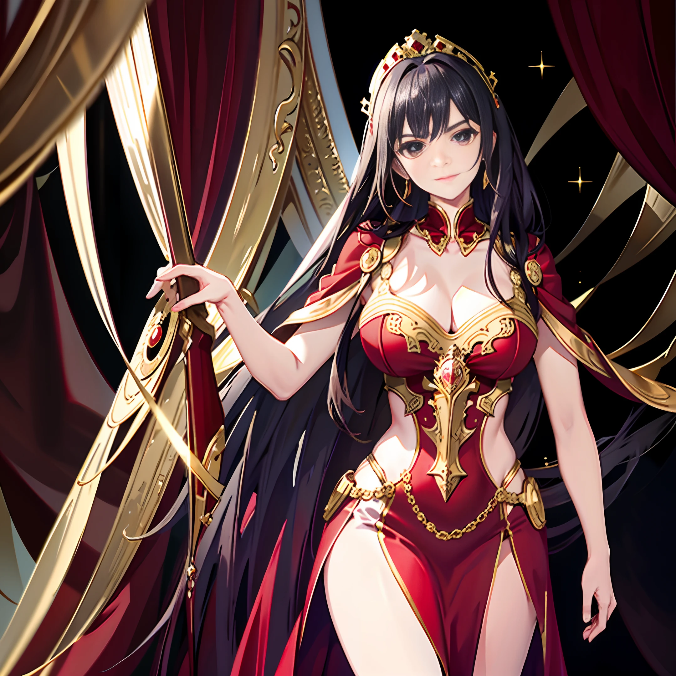 masterpiece,best quality,
Red dress
Armor on chest
Golden crown on head
Golden earrings
Black hair
Curvy figure
Stunning beauty
