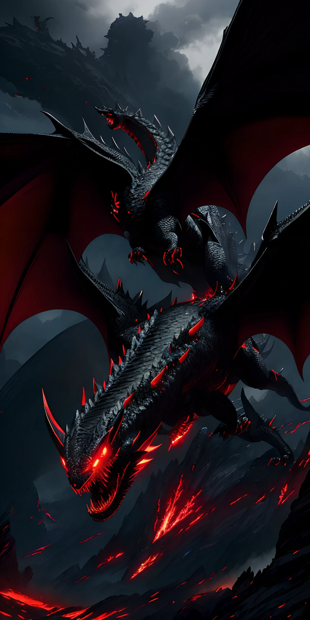 CG unity, ultra-detailed, best quality, masterpiece, a man riding on a ferocious evil black dragon with glowing red eyes, detailed and sturdy scales, epic environment dynamic movement, anime style, anime, vampire teeth, red eyes,